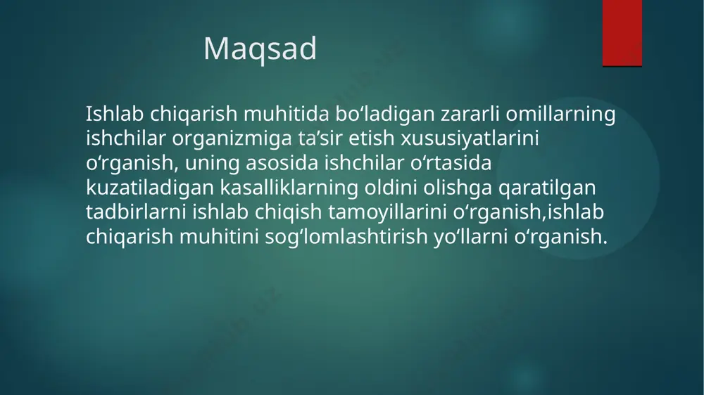 liyatini aniqlash, ishni og‘irligi va keskinligiga baho berish; 3. tajriba usuli – kimyoviy toksik moddalarni darajasini laboratoriya hayvonlari ustida tajriba o‘tkazib aniqlash, ruxsat etiladigan me’-yorlarni darajasini belgilash (rem, red) va boshqa gigiyenik normativlarni belgilash; 4. statistik usul – nazorat osti obyektlarida olib borilgan nazorat ishlarini umumlashtirish va tahlil qilish, umumiy va kasb kasalliklari bo‘yicha ma’lumotlar yig‘ish va uni tahlil qilish va boshqalar. osn ni o‘tkazishdan maqsad yangi texnika, texnologiya jarayonlar, kimyoviy moddalarni ishlab chiqarishga tatbiq etishda yangi ishlab chiqarish obyektlarini loyihalash, qurish va ishlatishga qabul qilishda amaldagi sanitariya–gigiyena qoidalariga rioya qilinganligini tekshirishdan iboratdir. ishlab chiqarish obyektlarida mehnat gigiyenasi vrachi tomonidan o‘tkaziladigan ogohlantiruvchi sanitariya nazorati ikki yo‘nalishda olib boriladi: ishlab chiqarish obyektlarini loyihalashtirish va qurilishi, hamda ta’mirlanishi; yangi texnik jarayonlar, texnik asbob – uskunalar, kimyoviy moddalarni tatbiq etilishi. joriy sanitariya nazoratida quyidagilar nazorat qilinadi: -korxonalarning joylanishi va inshoot bilan ta’minlanganligi shu bilan birga uning hududi sanitariya me’yorlari, qoidalari va gigiyenik me’yorlarga …