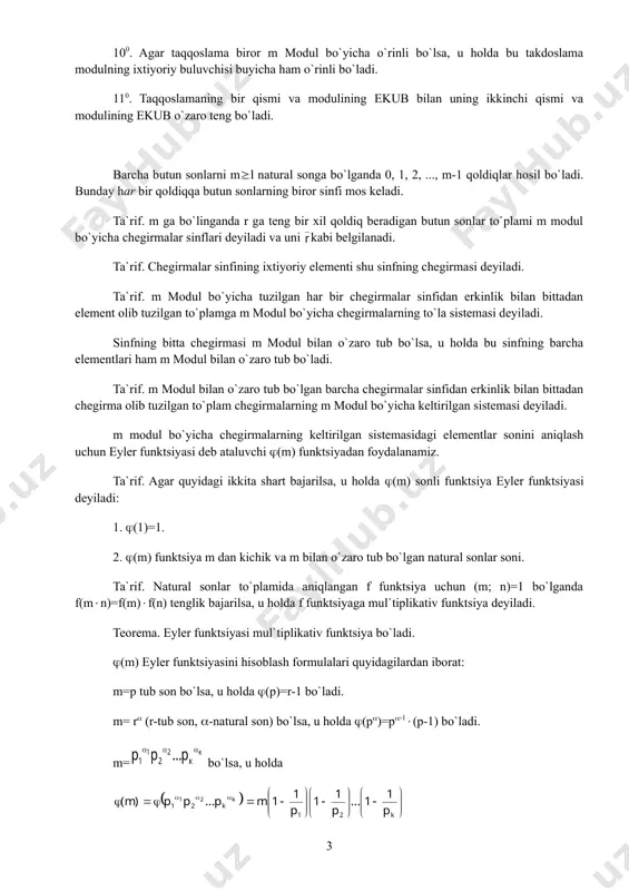 32 4344 323 3543 325 567 1120 1355 1132 1344 425 2543 4120 6543 13-модул taqqoslamalarni yechish reja: 1. kirish 2. taqqoslamaning ta`rifi. 3. taqqoslamaning sodda xossalari. 4. modul bo`yicha chegirmalarning to`la sistemasi. 5. modul bo`yicha chegirmalarning keltirilgan sistemasi. 6. eyler funktsiyasi. eyler va ferma teoremalari. 7. bir noma`lumli taqqoslamalar haqida tushunchalar. 8. bir noma`lumli birinchi darajali taqqoslamalar va ularni echish usullari. 9. tub modulli yuqori darajali taqqoslamalar. 10.xulosa z-butun sonlar halqasi bo`lib, m(1 natural son bo`lsin. ta`rif. agar z halqaga tegishli a va b sonlarni m natural songa bo`lganda hosil bo`lgan qoldiqlar bir xil bo`lsa, yoki a-b ayirma m ga bo`linsa, yoki a=b+mq tenglik o`rinli bo`lsa, u holda a va b sonlar m modul bo`yicha taqqoslanadi deyiladi va uni a(b(mod m) ko`rinishda belgilanadi. taqqoslamalar quyidagi xossalarga ega: 10. taqqoslama ekvivalent binar munosabat. 20.bir xil modulli taqqoslamalarni hadma-had qo`shish (ayirish) mumkin. bu ish n ta a1(b1(mod m), a2(b2(mod m),...,an(bn (mod …