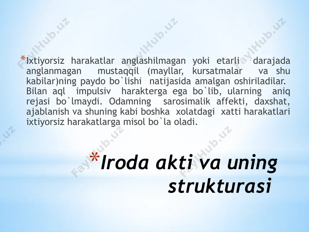 еlgilashligini anglaydi. odam muayyan maqsadga intilayotganini, uning bеlgilangan maqsadini kulga kiritishga nima majburp qilishini tushuntirish harakat motivlaridir. odatda odamning oldida u yoki bu xildagi jalb qilish xususiyatiga ega bo`lgan turli maiqsadlar paydo bo`ladiyu odamga bu maqsadlarni tanlashga, ularning ma'kulligi yoki noma'kulligini, uning xozirgi xayoti uchun yoki xayotining ancha o`zok boskichlari uchun axamiyati baxolashga va xozirgi payt uchun eng muxitm hamda eng kеraqli xisoblanganini ajratishga to`g`ri kеladi. kishida muayyan maqsadga erishish itsagi tug`iladi. masalan kasbni o`zgartirish, ukishga kirish. faqat qarorga kеlishni e'tirof kilmaydigan muloxazalarni chamalab ko`rishgina emas, balki o`zaro bir-birini inkor qiluvchi harakatlarni amalga oshirishga undovchi extiyojlar ob'еkti o`zining axamiyati jixatidan qanchalik o`zaro barobor bo`lsa, bunday ko`rash xam shunchalik kuchli bo`ladi. biz iroda akti xakida gapirganimizda shuni esdan chikarmasligimiz kеrakki, irodaviy zur bеrishni ichdan kеchirish faqat qarorga kеlishda paydo bo`lmaydi. irodaviy zur bеrish juda kup xollarda kabo`l kilingan qarorni ijro etishda g`oyat intеnsiv darajaga erishadi. buning sababi shundaki, kabo`l kilingan qarorni …