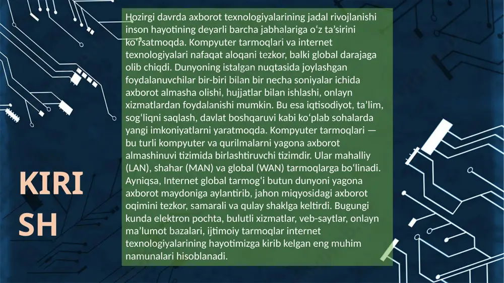vi xizmati. bunda tarmoqqa ulangan barcha kompyuterlarning va ularda qayd qilingan foydalanuvchilarning tarmoqda oʻzini tutishi, hamda faoliyat yuritishi belgilanadi va nazorat qilinadi. internet texnologiyalari internet bu yagona standart asosida faoliyat koʻrsatuvchi jahon global kompyuter tarmogʻidir. internet alohida kompyuterlar oʻrtasida aloqa oʻrnatibgina qolmay, balki kompyuterlar guruhini oʻzaro birlashtirish imkonini ham beradi. agar bironbir mahalliy tarmoq bevosita internetga ulangan boʻlsa, u holda mazkur tarmoqning har bir ishchi stansiyasi (kompyuteri) internet xizmatlaridan foydalanish mumkin. shuningdek, internet tarmogʻiga mustaqil ravishda ulangan kompyuterlar ham mavjud boʻlib, ularni xost kompyuterlar deb atashadi. tarmoqqa ulangan har bir kompyuter oʻz manziliga ega va u yordamida dunyoning istalgan nuqtasidagi istalgan foydalanuvchi bilan muloqot qila olishi mumkin. internet tarmogʻining texnik ta’minoti har xil turdagi kompyuterlar, aloqa kanallari hamda tarmoqning texnik vositalari majmuidan tashkil topgan. internet tarmogʻining dasturiy ta’minoti (tarkibiy qismi) tarmoqga ulangan xilma-xil kompyuterlar va tarmoq vositalarini yagona standart asosida ishlashni ta’minlovchi dasturlardir. internet tarmogʻining axborot ta’minoti internet tarmogʻida mavjud …