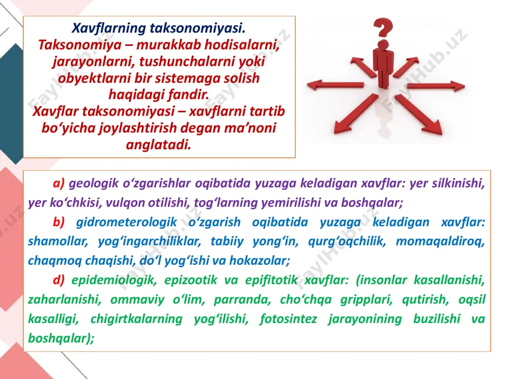 an uzoqlashtirish usuli, bu usulda ishlab chiqarish jarayonini mexanizatsiyalashtirish va avtomatlashtirish, jihoz, uskunalarni masofadan turib boshqarish, robotlarni qo‘llash va boshqa boshqaruv tizimlari orqali amalga oshiriladi. 2. xavfsizlik qoidarini qo‘llab xavflarni bartaraf qilish yoki texnosfera (ishlab chiqarish muhiti)ni normallashtirish hamda texnosfera xarakteristikalarini inson xarakteristikalarini xarakteristikalariga moslashtirishga asoslangan. 3. ish joylaridagi ishlovchilarni himoya vositalari yordamida himoyalashga asoslangan. bunda texnosfera xarakteristikalarini o‘zgartirish uchun har xil himoya vositalri qo‘llaniladi. faoliyat xavfsizligini ta’minlash vositalari. texnosferada ishlovchilarga zararli va xavfli ishlab chiqarish omillarining ta’sirini kamaytirish yoki oldini olish uchun turli maqsadli himoya vositalari qurilmalari qo‘llaniladi. himoya vositlari har bir zararli holat uchun mehnat xavfsizligi talablariga asoslanib qo‘llaniladi. himoya vositalri qo‘lanilish xarakteriga qarab: jamoa himoya vositalari (jhv) va shaxsiy himoya vositalariga (shhv) bo‘linadi.