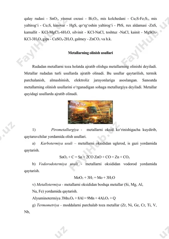b boradi. metallar suyuqlanish temperaturasiga ko‘ra, 1) oson suyuqlanuvchan (cs, hg, rb, tl) tsuyuql = 8000c dan past va 2) qiyin suyuqlanuvchan (w, os, pt, cr) tsuyuql = 8000c dan yuqori gruppalarga boʻlinadi. metallar kristall tuzilishiga koʻra: 1) yoqlari markazlashgan kub panjarali: pb, pd, pt, rh, al, ag, au, ca, cu, co, ge, ir, ni 2) hajmiy markazlashgan kub panjarali: ba, cr, cs, fe, k, li, mo, rb, ta, w, v 3) geksagonal panjara: be, cd, ge, co, hg, mg, os, ru, ti, zr sinflarga boʻlamiz. metallarning magnit xossalari: diamagnit - magnit maydonidan itariladigan metallar ag, cu, au, zn, cd, hg, zr paramagnit - magnit maydoniga tortiladigan metallar - sc, y, la, ti, v, nb, ta, cr, mo, w, mn, re, ru, rh, pd, os, ir, pt ferromagnit - magnitga kuchli sezgir metallar - fe, co, ni metallarning kimyoviy xossalari metallarning deyarli barcha kimyoviy xossalari ularning aktivlik qatori (beketovning metallarni …