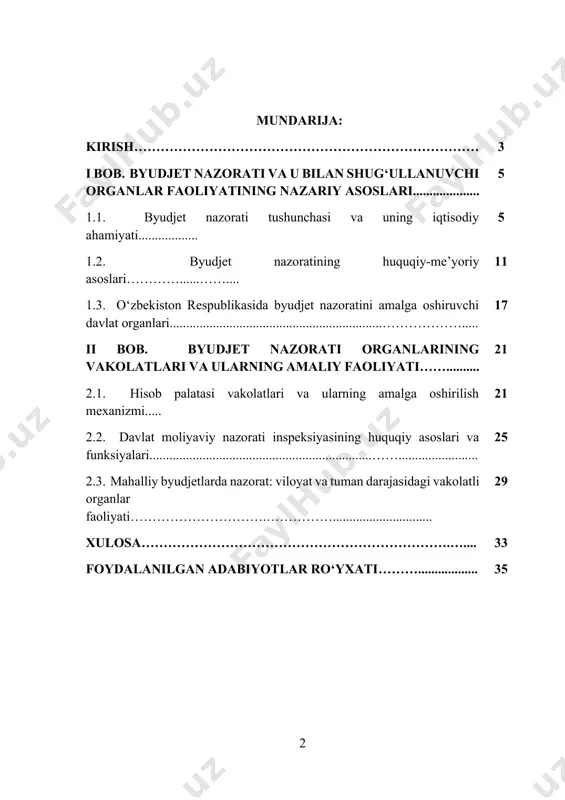 arining maqsadli va samarali sarflanishi bugungi kunda iqtisodiy barqarorlik va ijtimoiy rivojlanishning eng dolzarb masalalaridan biri sifatida qaralmoqda. shu jihatdan olib qaraganda, byudjet jarayonining barcha bosqichlarini nazorat qilish, ya’ni byudjet nazorati organlarining faoliyatini kuchaytirish har qanday demokratik davlat uchun muhim hisoblanadi. o‘zbekiston respublikasi prezidenti rahbarligida so‘nggi yillarda byudjet nazorati tizimini takomillashtirish borasida bir qator tub islohotlar amalga oshirildi. xususan, hisob palatasi, moliya vazirligi huzuridagi davlat moliyaviy nazorati inspeksiyasi, soliq qo‘mitasi, davlat bojxona qo‘mitasi kabi moliyaviy intizomni ta’minlovchi organlarning vakolatlari kengaytirildi, ularning byudjet ijrosi ustidan jamoatchilik ishtirokida nazorat qilish imkoniyatlari yaratildi. bularning barchasi davlat moliyasini boshqarish jarayonida ochiqlik va shaffoflikni kuchaytirishga xizmat qilmoqda. kurs ishining dolzarbligi - bozor iqtisodiyoti sharoitida davlat moliyaviy siyosatining asosiy asosi bo‘lgan byudjet tizimi har bir mamlakat iqtisodiy xavfsizligi, ijtimoiy barqarorligi va strategik rivojlanishining muhim tayanchi hisoblanadi. ayniqsa, davlat byudjetining to‘g‘ri shakllanishi, undan samarali foydalanish va mablag‘lar harakatining qat’iy nazorat ostida bo‘lishi davlat boshqaruvining eng muhim vazifalaridandir. …