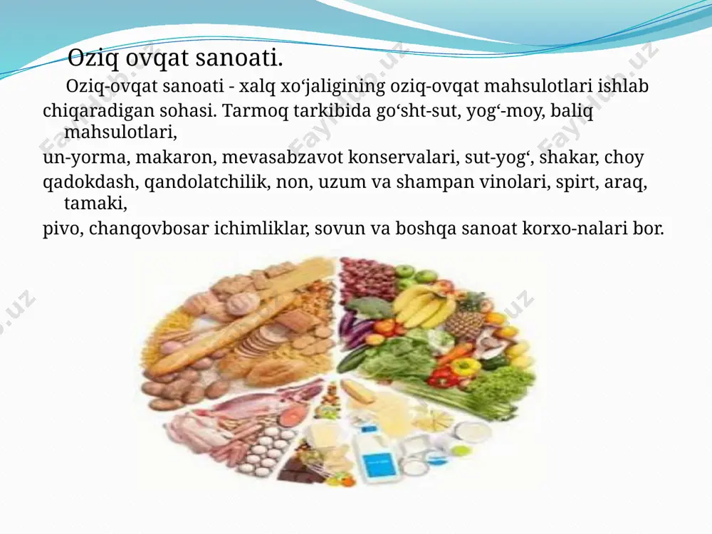 ing 60 foizdan ko‘prog‘ini meva-sabzavotni qayta ishlash, go‘sht-sut, qandolatchilik va boshqa oziq-ovqat mahsulotlari tashkil qiladi. kichik beznes korxonalarida ishlovchilarning o‘rtacha yillik sonini 2 barobarga oshirilganligi ham korxonalar faoliyatini yanada rivojlantirishga imkon berdi. oziq-ovqat uyushmasi tashkil etilgandan buyon o‘tgan 3 yil davomida uyushma korxonalari tomonidan 121 ta loyiha amalga oshirilib, 198,4 mln. dollar investitsiya o‘zlashtirildi. shundan kelib chiqib, 2014 yilda aholining oziq-ovqat mahsulotlari bilan mahalliy ishlab chiqaruvchilar tomonidan ta'minlanish darajasini tahlil etadigan bo‘lsak, go‘sht va go‘sht mahsulotlari 98,6 foiz, sut va sut mahsulotlari 99,8 foiz, foizi, makaron mahsulotlari 95,4 foiz, margarin 77,7 foiz, shakar 92,9 foiz, qandolat mahsulotlari 68,5 foizni tashkil etdi. bugungi kunda respublikada oziq-ovqat xavfsizligi to‘liq ta'minlangan va aholining oziq-ovqat mahsulotlariga bo‘lgan ehtiyojining 90 foizidan ortig‘i mahalliy ishlab chiqarish korxonalari hisobiga ta'minlanmoqda. aholini oziq-ovqat mahsulotlari bilan ta'minlashda importning ulushini kamaytirish yoki import qilmasdan mamlakatda sifatli va jahon standartlariga javob beradigan oziq-ovqat mahsulotlarini ishlab chiqaradigan korxonalar sonini ko‘paytirish yoki mavjud …