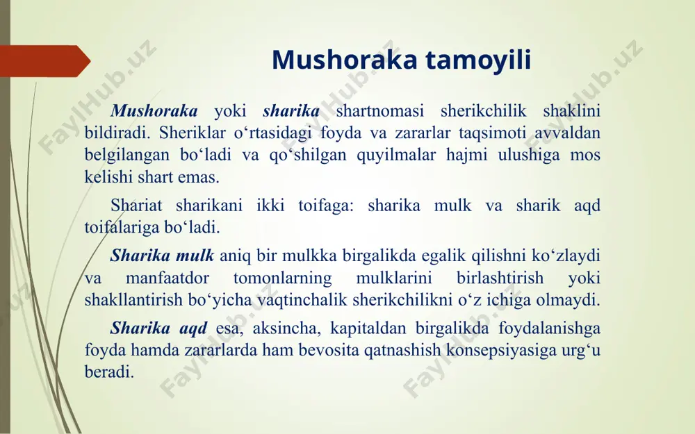 oyildir. mazkur konsepsiya an’anaviy kreditlashning mohiyatini oldi-sotdi xizmatiga o‘zgartiradi, bunda qarz beruvchi xomashyo, mashina va boshqa asbob-uskunalarni sotib oladi va to‘lovni kechiktirib yoki bo‘lib to‘lash sharti bilan tovarga savdo ustamasini qo‘shib, ya’ni yuqoriroq bahoga sotadi. murobaha + xarajatlar + belgilangan foydani moliyalashtirish tamoyili bilan ham mashhurdir. agar ushbu tamoyil islomiy bank tomonidan qabul qilinsa, bu tamoyil foyda va xarajatlar taqsimlanishida yuzaga keladigan usul o‘rniga qo‘llaniladi. bunda bank xo‘jalik yurituvchi sub’ekt sifatida o‘z faoliyatini davom ettiradi va tovarlar oldi-sotdisi bilan bog‘liq bitimlarga kirishib ketgan bo‘ladi. ijara tamoyili ijara – renta, ijara yoki ishlatishga berish shartnomasidir. haqiqatda esa ijara uchinchi shaxsning mulkini shartnoma asosida o‘rnatilgan to‘lov hisobiga ishlatishdir. ijara bitimida shariatning bir qator qoidalari amal qiladi. birinchi qoida – xiyar ar-ro‘yo xaridor tomonidan tovarning tavsifiga monand emasligi natijasida shartnomaning bekor qilinishidir. ikkinchisi – xiyar al-ayb. agar xarid natijasida tovarning sifati pastligi yoki kamchiliklari aniqlansa, u holda xaridor bitimni bekor qilishga haqli. uchinchi …