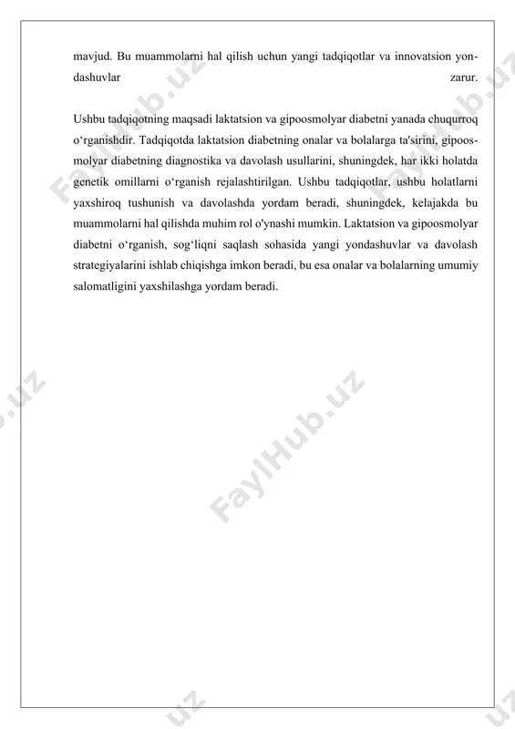 ni ta'minlash va qo'llab-quvvatlash guruhlariga qo'shilish ham foydali bo'lishi mumkin. umuman olganda, laktatsion diabetning onalar va bolalarga ta'siri, sog'liqni saqlash sohasida muhim masala bo'lib, bu holatni chuqur o'rganish va uni to'g'ri boshqarish, har ikki tomonning sog'lig'ini saqlashda muhim rol o'ynaydi. tadqiqotlar va klinik amaliyotlar, laktatsion diabet bilan bog'liq xatarlarni kamaytirish va onalar bilan bolalar o'rtasidagi aloqani mustahkamlashda yordam berishi mumkin. ii. gipoosmolyar diabetning diagnostika va davolash usullari gipoosmolyar diabetning diagnostika va davolash usullari gipoosmolyar diabet, qondagi osmolaritetning pasayishi va natriy darajasining kamayishi bilan tavsiflanadigan holatdir. bunday diabetni to'g'ri diagnostika qilish va samarali davolash uchun bir qator usullar va yondashuvlar mavjud. ushbu bo'limda gipoosmolyar diabetning diagnostikasi, shuningdek, uning davolash usullari batafsil ko‘rib chiqiladi. gipoosmolyar diabetni aniqlashda birinchi navbatda bemorning klinik holatini baholash muhimdir. bemorning simptomlari, masalan, ortiqcha suyuqlik iste'moli, quruq teri, ko‘ngil aynishi va bosh aylanishi kabi belgilar diqqat bilan kuzatiladi. shuningdek, bemorning tibbiy tarixi, xususan, suyuqlik iste'moli bilan bog'liq odatlar, …