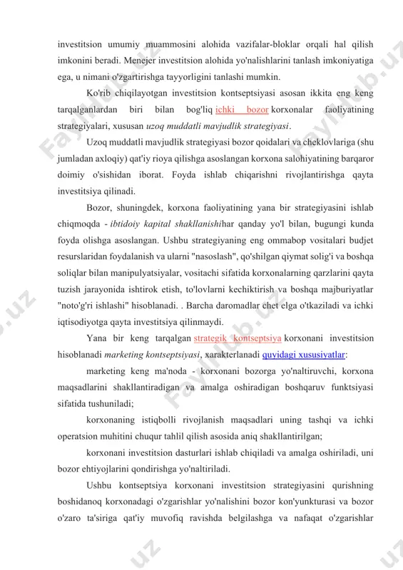 ng keng tarqalganlardan biri bilan bog'liq ichki bozor korxonalar faoliyatining strategiyalari, xususan uzoq muddatli mavjudlik strategiyasi. uzoq muddatli mavjudlik strategiyasi bozor qoidalari va cheklovlariga (shu jumladan axloqiy) qat'iy rioya qilishga asoslangan korxona salohiyatining barqaror doimiy o'sishidan iborat. foyda ishlab chiqarishni rivojlantirishga qayta investitsiya qilinadi. bozor, shuningdek, korxona faoliyatining yana bir strategiyasini ishlab chiqmoqda - ibtidoiy kapital shakllanishihar qanday yo'l bilan, bugungi kunda foyda olishga asoslangan. ushbu strategiyaning eng ommabop vositalari budjet resurslaridan foydalanish va ularni "nasoslash", qo'shilgan qiymat solig'i va boshqa soliqlar bilan manipulyatsiyalar, vositachi sifatida korxonalarning qarzlarini qayta tuzish jarayonida ishtirok etish, to'lovlarni kechiktirish va boshqa majburiyatlar "noto'g'ri ishlashi" hisoblanadi. . barcha daromadlar chet elga o'tkaziladi va ichki iqtisodiyotga qayta investitsiya qilinmaydi. yana bir keng tarqalgan strategik kontseptsiya korxonani investitsion hisoblanadi marketing kontseptsiyasi, xarakterlanadi quyidagi xususiyatlar: marketing keng ma'noda - korxonani bozorga yo'naltiruvchi, korxona maqsadlarini shakllantiradigan va amalga oshiradigan boshqaruv funktsiyasi sifatida tushuniladi; korxonaning istiqbolli rivojlanish maqsadlari uning tashqi …
