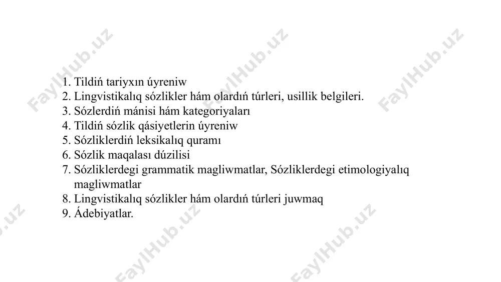 sózlikler til baylıǵı hám tariyxın sáwlelendiredi. arnawlı sózlikler arnawlı sózlikler belgili bir tarawǵa (ilim, texnika, kórkem óner hám basqalar) tiyisli terminler, atamalar toplamı bolip esaplanadı. olar tarawdıń inglis tilin úyreniw ushın áhmietli qurallar bolıp esaplanadı. etimologiyalıq sózlikler bul sózlikler sózlerdiń kelip shıǵıw tariyxın, morfologiyalıq dúzilisin, jańa mánislerdiń payda bolıwın úyrenedi. sózliklerdegi usil belgileri ádebiy til norması sóz normativ ádebiy aytıw hám jazıw talaplarına sáykes kelgenligin bildiretuģın belgiler bar. metodikalıq ózgeshelikler kórkem, publicistikalıq, rásmiy sıyaqlı usıllarǵa tán sóz hám sózler sózlikte belgilenedi. ekspressiv boyaw kúlki, kinoya, mubolaǵa sıyaqlı usıllı boyawlar sózler quramında belgilenedi. 4 lingvistikalıq sózlikler hám olardıń túrleri kóp qırlı sózlikler lingvistikalıq sózlikler til baylıǵı, mánisi, aytıw, grammatika, etimologiya, stilistika sıyaqlı kóplegen táreplerdi ózinde jámleydi. bul sózlikler lingvistikanıń universal, bir pútin kórinisin beredi. arnawlı sózlikler arnawlı sózlikler bolsa tildiń belgili bir tárepin - atamalar, sózlerdiń ushirasıwı, grammatik ózgeshelikler sıyaqlı táreplerin úyrenedi. olar tildiń belgili bir tarawi yamasa qırı menen shuģillanadı. …