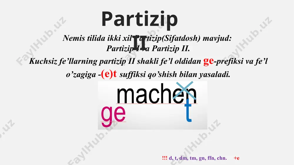 t(o’tgan zamon) perfekt fe’lning qo’shma zamon shakli bo’lib, o’tgan zamonda bo’lgan ish-harakatni ifodalaydi. u “haben” va “sein” yordamchi fe’llarining presens va asosiy fe’lning partizip ii shaklidan yasaladi. bu zamon suxbatlarda, dialog shaklidagi savol-javoblarda, axborot va ma’lumotnomalarni bayon etishda qo’llanadi. subjekt+haben/sein+partizip ii ich habe gemacht wir haben gemacht du hast gemacht ihr habt gemacht er, sie, es hat gemacht sie haben gemacht quydagi fe’llar perfektni “haben” bilan yasaydi… barcha o’timli fe’llar: übersetzen, schreiben, erzählen, beantworten er hat einen brief geschrieben. ich habe die fragen beantwortet. modal fe‘llarni barchasi: können, mögen, sollen, wollen, müssen, dürfen. ich habe es gewollt. 3. sich olmoshi bilan qo‘llanadigan barcha fe‘lar: sich waschen, sich kämmen, sich erholen, sich interessieren va boshqalar. du hast dich im sommer in einem erholungsheim erholt. 4. tinch holatni ifodalovchi o‘timsiz fe‘llar: schlafen, sitzen, liegen, stehen, arbeiten, leben, wohnen, antworten, … ich habe bis 9 uhr geschlafen. shaxssiz fe’llar: regnen, schneien, donnem, blitzen, …