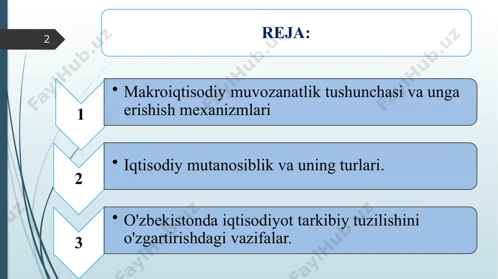 yicha yalpi sarflarga ya'ni iste'mol hajmi va sof investitsiya sarflari summasiga taqqoslanadi:(s+in) bunda iqtisodiyot sub'ektlari tomonidan jamg'arilgan mablag'lar miqdori ishlab chiqarish yoki xizmat ko'rsatish sohalariga qo'yilgan investitsiyalar hajmi bilan taqqoslanadi. 2. iqtisodiy mutanosiblik va uning turlari. iqtisodiy mutanosiblik bu iqtisodiyotning turli tomonlari va sohalari o'rtasida miqdor va sifat jihatdan ma'lum bir moslik bo'lishidir. bunda tenglik bo'lishi shart emas masalan 3:1 5:2 4:3 iqtisodiy mutanosiblik turlari umumiqtisodiy mutanosiblik tarmoqlararo mutanosiblik tarmoq ichidagi mutanosiblik hududiy mutanosiblik davlatlararo mutanosiblik umumiqtisodiy mutanosiblik bunga milliy daromaddagi tarkibiy qismlar o’rtasidagi mutanosiblik kiradi iste'mol fondi va jamg'arish fondi o'rtasidagi mutanosiblik tovar va xizmatlar massasi bilan pul massasi o'rtasidagi mutanosiblik aholining pul daromadlari bilan xarajatlar o'rtasidagi mutanosiblik tarmoqlararo mutanosiblik bu iqtisodiyotning turli xil tarmoqlari o'rtasidagi mutanosiblikdir tarmoq ichidagi mutanosiblik engil sanoatda og'ir sanoatda andijon samarqand hududiy mutanosiblik davlatlararo mutanosiblik bu tovar va xizmatlarni yaratish bo'yicha dunyo mamlakatlari o'rtasidagi mutanosiblikdir masalan germaniya yaponiya 3. o'zbekistonda iqtisodiyot tarkibiy tuzilishini o'zgartirishdagi …