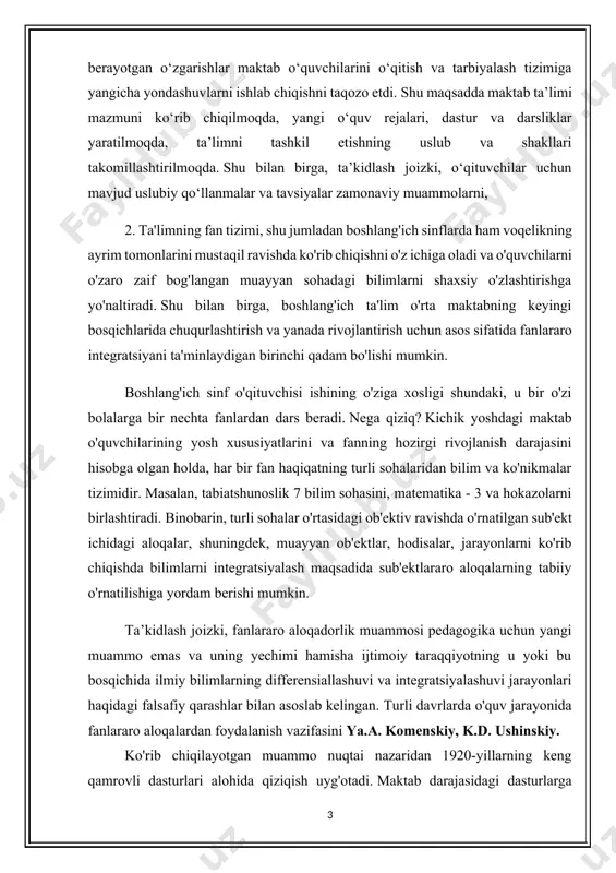 mmo emas va uning yechimi hamisha ijtimoiy taraqqiyotning u yoki bu bosqichida ilmiy bilimlarning differensiallashuvi va integratsiyalashuvi jarayonlari haqidagi falsafiy qarashlar bilan asoslab kelingan. turli davrlarda o'quv jarayonida fanlararo aloqalardan foydalanish vazifasini ya.a. komenskiy, k.d. ushinskiy. ko'rib chiqilayotgan muammo nuqtai nazaridan 1920-yillarning keng qamrovli dasturlari alohida qiziqish uyg'otadi. maktab darajasidagi dasturlarga kirish yozuvida shunday deyiladi: "yangi dasturning o'ziga xos xususiyati - bu kompleks metodikani amalga oshirish istagi. bu usul shundan iboratki, alohida o'quv fanlari o'rganilmaydi. deb atalmish markaziy mavzular ilgari suriladi... masalan, tabiat tarixidan “qish” mavzusi ilgari suriladi, bu mavzuni ishlab chiqishda o‘quvchilar qishning boshida tabiat va inson hayotini o‘rganadilar - kuzatish, yozish, o‘qish, chizish va haykaltaroshlik, matematik hisob-kitoblarni amalga oshirish. 3. har bir sinfda xotira, idrok, diqqat turlari bilan farq qiluvchi o`quvchilar mavjud. ulardan ba'zilari o'qituvchining tushuntirish tezligidan mamnun, ammo ba'zilari uchun bu juda tez. ba'zilar uchun darsda foydalanilgan jadval aniq ko'rinadi, boshqalari buni faqat uzoq tushuntirishlardan keyin sezadilar. …