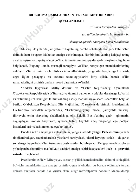hlanganini ko‘ramiz. chunki maktabni o‘zgartirmasdan turib, odamni, jamiyatni o‘zgartirib bo‘lmaydi. ta'lim va tarbiyaning asosi, poydevori bu – maktab. maktabni maktab qiladigan kuch esa o‘qituvchilardir. o‘zbekiston respublikasi prezidentining 2019 yil 29-apreldagi farmoniga muvofiq, xalq ta'limi tizimini 2030-yilgacha rivojlantirish konsepsiyasi tasdiqlandi. unda 48 ta maqsadli ko‘rsatkichlarga erishish bo‘yicha aniq mexanizmlar belgilandi. masalan, 2030-yilga borib o‘quvchilar bilimini baholash bo‘yicha pisa xalqaro dasturi reytingida o‘zbekistonning jahondagi yetakchi 30 ta mamlakat qatoridan joy egallashi maqsad qilib qo‘yilgan. davlatimiz rahbari o‘qituvchining maqomi va nufuzini oshirish, huquqlari va imtiyozlarini kengaytirish masalalariga alohida e'tibor qaratmoqda. kadrlar tayyorlash milliy dasturining ta’lim jarayonidagi sifat ko’rsatkichlarini yaxshilash, ya’ni jahon andozalariga mos, raqobatbardosh, yuqori saviyaga ega bo’lgan yoshlar tayyorlashdir. ushbu murakkab muammolarni yechimini topib, ularni amalda keng qo’llash umum ta’lim tizimi o’qituvchilari oldiga juda katta vazifalar belgilaydi. bunda aniq vazifalar sifatida bevosita o’quv jarayonini yaxshilash, o’quv dasturlarini yanada takomillashtirish, o’qitishning zamonaviy pedagogik texnologiyalarini amalda joriy qilish, texnik vositalaridan keng foydalanishdan iboratdir. bugun …