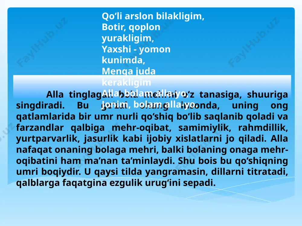 h) yaratishga rag‘batlantirish. o‘quvchilarga xalq dostonlaridan namunalar ijro etish imkoniyatini yaratish. 5. mahalliy materiallardan foydalanish har bir hududga xos bo‘lgan og‘zaki ijod namunalarini o‘rgatish (mahalliy dostonlar, qo‘shiqlar, maqollar). o‘quvchilarning o‘z hududlari tarixini bilishga bo‘lgan qiziqishini oshirish. 6. muloqotli yondashuv o‘quvchilar o‘rtasida bahs-munozaralar, loyiha ishlari va muhokamalar tashkil qilish. guruhli ishlar orqali o‘zaro hamkorlikni rivojlantirish. 7. o‘quvchilarning yosh xususiyatlarini hisobga olish mavzularni o‘quvchilarning yoshiga va bilim darajasiga mos ravishda tanlash. ertaklar va maqollarni kichik yoshdagi o‘quvchilar uchun, doston va qo‘shiqlarni katta yoshdagilar uchun moslashtirish. 8. o‘qitishda zamonaviy texnologiyalarni qo‘llash xalq og‘zaki ijodining ovozli va video shakllarini darsda qo‘llash. interaktiv usullardan foydalanib, darslarni qiziqarli qilish. 1. fanning maqsadi va vazifalari maqsad: o‘quvchilarda xalq og‘zaki ijodiga bo‘lgan qiziqishni oshirish va uni milliy madaniyatning ajralmas qismi sifatida qadrlashni o‘rgatish. vazifalar: xalq ijodi namunalarini o‘rgatish orqali o‘quvchilarning estetik didini shakllantirish. milliy merosni anglash va uni targ‘ib qilish. ijodiy fikrlash va og‘zaki nutq ko‘nikmalarini rivojlantirish. 2. …