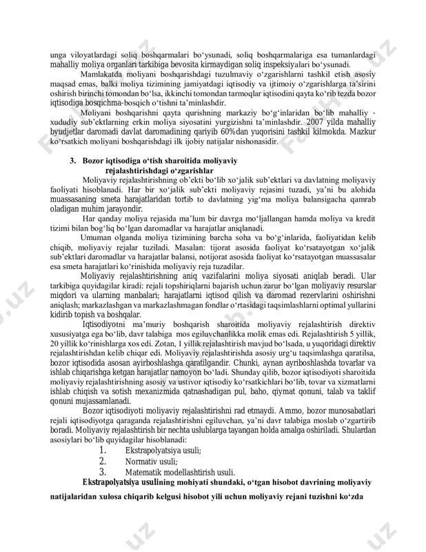 organlari va ularning funksiyalari o‘zbekiston respublikasida moliyani umumiy boshqarishni konstitutsiyaga asosan oliy majlis, vazirlar mahkamasi va prezident devoni amalga oshiradi. moliyani operativ boshqarish moliyaviy apparatga yuklatilgan. davlat operativ boshqarish yordami bilan tarmoqlar iqtisodidagi barcha tuzulmalarda moliyani boshqaradi. aynan moliyaviy apparat moliyaviy rejalashtirish ishlarini, hisob va tahlil, nazorat va tartibga solish, moliya rejasini tuzish va bajarish vazifalarini bajaradi. tarmoqlar iqtisodidagi xo‘jalik sub’ektlarining moliyasini boshqarishni moliya bo‘limlari o‘z zimmasiga olsa, sug‘urta faoliyatida maxsus sug‘urta tuzulmalari bajaradi va davlat moliyasini boshqarishni barcha chora-tadbirlarni moliya vazirligi va davlat soliq qo‘mitasi amalga oshiradilar. moliyani boshqarishni to‘g‘ri tashkil qilish ulardan samarali foydalanishni belgilab beradi. birinchi navbatda, moliyani boshqarish sub’ektlari tomonidan ishni qay yo‘sinda tashkil qilinganligi operativ boshqaruv organlari faoliyatiga bevosita ta’sir qiladi. shunga tayangan holda moliyaviy apparatning mavqei ancha yuqori bo‘lishi shart. aks holda moliyaviy tuzilma ishchilarning malakasi va mutaxasisligiga bo‘lgan yuqori talabni amalga oshira olmaydi va natijada moliyani boshqarishda oqsoqlikka yuz tutadi. hozirgi kunda moliya …