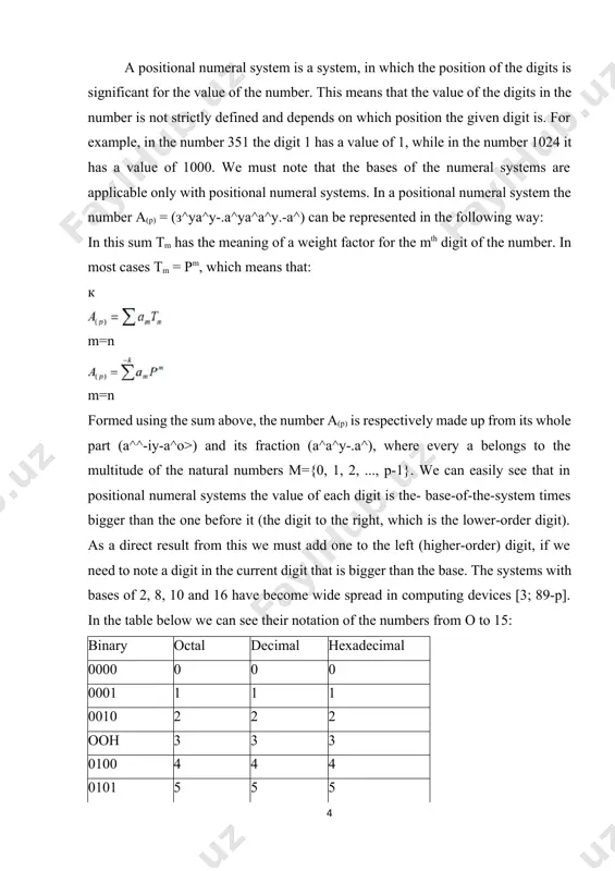 10 l 50 c 100 d 500 m 1000 as we have already mentioned, in this numeral system the position of the digit has no significance for the value of the number and for determining the value, the following rules are applied: 1. if two consecutively represented roman digits are in such order that the value of the first one is bigger or equal to the value of the second one, their values are added [6; 87-p,7;92-p,8;155-p,9;144-p]. example: the number 111=3, but the number mmd=2500. 2. if two consecutively represented roman digits are in increasing order of their values, they are subtracted [25;205-p]. example: the number ix=9, the number mxl=1040, but the number mxxiv=1024. binary numbers the numbers represented in the binary numeral system are represented in a secondary aspect - which means that they are easy to be understood by the computing machine. they are a bit harder to …