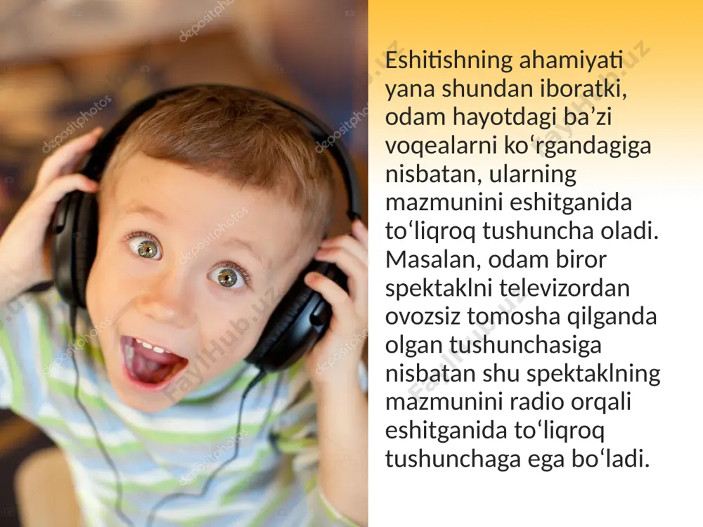 iqlash qobiliyatini yo‘qotadi. bundan tashqari, uzoq ta’sir qiladigan kuchli shovqin nerv sistemasini haddan tashqari qo‘zg‘atib, uyqusizlik, tez jahl chiqish, yurak sanchish, qon bosimining ko‘tarilishi kabi kasalliklarga sabab bo‘ladi. tashqi quloq yo‘lini qoplab turuvchi terida juda ko‘p mayda bezlar bo‘lib, ulardan yog‘simon sarg‘ish suyuqlik ajraladi. ba’zan shu suyuqlik to‘planib qolishi tufayli quloq bitadi, g‘uvullaydi. bunday hollarda paxtadan yasalgan pilik yoki gugurt cho‘pi uchiga o‘ralgan bint (paxta) yordamida tashqi quloq yo‘lini artib tozalash lozim. yuvinish paytida quloqqa suv kirganida ham shunday qilinadi. tashqi quloq yo‘li kirlanishining oldini olish uchun haftada birikki marta yumshoq sochiq uchini iliq suv bilan namlab, quloq yo‘lini artib turish maqsadga muvofiqdir; — odam og‘iz, burun, tomoqning shamollashi va gripp kasalliklaridan saqlanishi kerak. kasallik paydo bo‘lganida esa vaqtni kechiktirmasdan shifokor maslahatiga binoan davolanishi zarur. aks holda og‘iz, burun, tomoqdagi mikroblar shu yerdagi shilliq pardaning yallig‘lanishi natijasida hosil bo‘ladigan shilimshiq suyuqlik bilan birga yevstaxiy nayi orqali tomoqdan o‘rta quloq bo‘shlig‘iga …