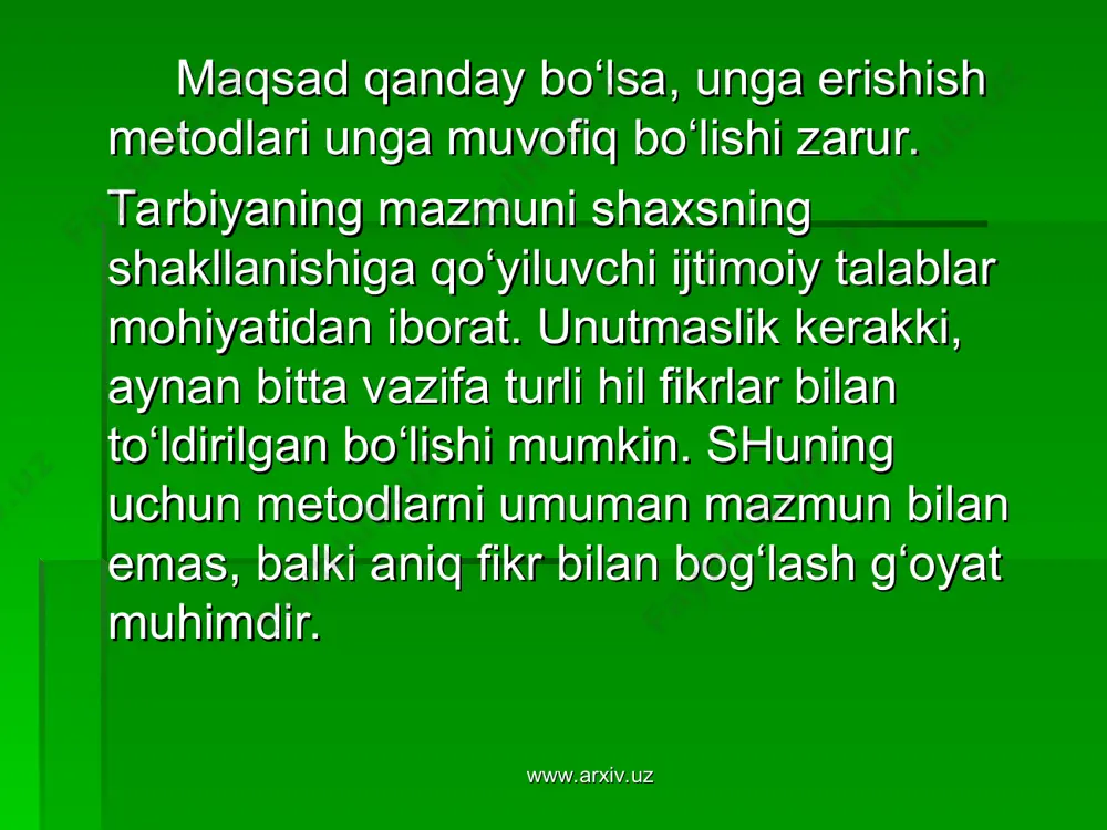 , hikoya ham o‘quvchilarning yoshiga mos mavzularda ular tushunadigan so‘zlar vositasida adabiy tilda o‘tkazilishi maqsadga muvofiqdir. suhbat yoki hikoya mavzusining o‘quvchilar tomonidan belgilanishi, ularning samarali kechishini ta’minlaydi, buning natijasida o‘quvchilar ilgari surilayotgan mavzuga befarq qaramaydilar. www.arxiv.uz www.arxiv.uz namuna namuna. o‘quvchilar o‘z atrofidagi kishilarda hamma yaxshi axloqiy sifatlarni ko‘rishlari va ibrat olishlari nihoyatda muhim. o‘qituvchining shaxsan o‘zi namuna bo‘lishi, ayniqsa, yoshlarga katta ta’sir ko‘rsatadi. ular o‘qituvchining darsda va hayotda o‘zini qanday tutishini, atrofdagi kishilar bilan qanday muomala qilishini, o‘z vazifalarini qanday bajarishini kuzatib yuradilar. o‘quvchilar o‘zlariga yaqin kishilarning xulq-atvoriga taqlid qiladilar, xulq-atvorlar bolalarda yaxshi sifatlarning, ba’zan esa yomon sifatlarning ham tarkib topishiga ta’sir ko‘rsatadi. shuning uchun o‘qituvchi va ota-onalar har qanday holatda ham o‘zlarini tuta bilishlari kerak. ular qaerda bo‘lishmasin, atroflarida bolalar borligini his etishlari lozim. kattalarning so‘zi bilan yurish-turishi va xatti-harakatlarida tafovut bo‘lmasligi kerak. ilg‘or kishilarning hayoti va faoliyatidan olingan ma’lumotlar, adabiy asar, kinofilm va spektakllar qahramonlarining xatti-harakatidagi yaxshi namunalar …