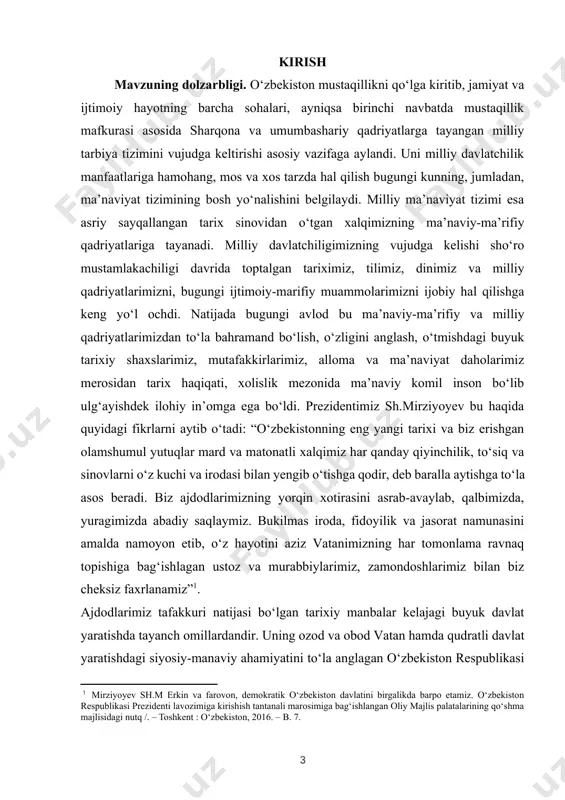 ‘la bahramand bo‘lish, o‘zligini anglash, o‘tmishdagi buyuk tarixiy shaxslarimiz, mutafakkirlarimiz, alloma va ma’naviyat daholarimiz merosidan tarix haqiqati, xolislik mezonida ma’naviy komil inson bo‘lib ulg‘ayishdek ilohiy in’omga ega bo‘ldi. prezidentimiz sh.mirziyoyev bu haqida quyidagi fikrlarni aytib o‘tadi: “o‘zbekistonning eng yangi tarixi va biz erishgan olamshumul yutuqlar mard va matonatli xalqimiz har qanday qiyinchilik, to‘siq va sinovlarni o‘z kuchi va irodasi bilan yengib o‘tishga qodir, deb baralla aytishga to‘la asos beradi. biz ajdodlarimizning yorqin xotirasini asrab-avaylab, qalbimizda, yuragimizda abadiy saqlaymiz. bukilmas iroda, fidoyilik va jasorat namunasini amalda namoyon etib, o‘z hayotini aziz vatanimizning har tomonlama ravnaq topishiga bag‘ishlagan ustoz va murabbiylarimiz, zamondoshlarimiz bilan biz cheksiz faxrlanamiz”[footnoteref:1]. [1: mirziyoyev sh.m erkin va farovon, demokratik o‘zbekiston davlatini birgalikda barpo etamiz. o‘zbekiston respublikasi prezidenti lavozimiga kirishish tantanali marosimiga bag‘ishlangan oliy majlis palatalarining qo‘shma majlisidagi nutq /. – toshkent : o‘zbekiston, 2016. – b. 7. ] ajdodlarimiz tafakkuri natijasi bo‘lgan tarixiy manbalar kelajagi buyuk davlat yaratishda …