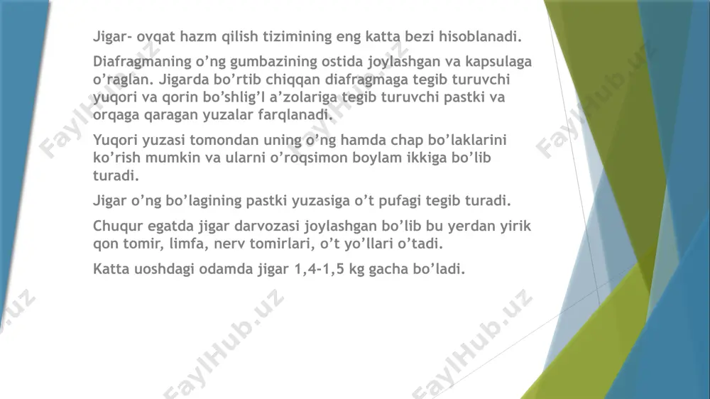 manbasi bor 1.si. vafot etgan insonning mutlaqo sog’lom jigari. 2.si. tirik insonning jigari. ko’chirib o’tkazish bo’yicha operatsiya: vafot etgan donorning jigar transplantatsiyasi ortotopik operatsiya hisoblanadi. bu jarayonda ishlamayotgan organ olib tashlanadi va uning o’rniga donorning organi ko’chirib o’tkaziladi vafot etgan donorning butunlay sog’lom jigarini toppish qiyin bo’lganligi sababli jahonda tobora bemorning sog’lom va tirik qarindoshi organining bir qismini ishlatilmoqda. operatsiyaga tayyorgarlik: qorin bo’shlig’ining kt.si uqt, qbt, grga qon aniqlash serologik tekshiruvlar jigar uzisi virusga analiz, oits.ga analiz topshirish ekg mantu probasi gnikologga yuborish (urologga) stomatologga yuborish tirik donordan ko’chirib o’tkazish tirik dnorning jigari yaxshiroq yashovchan. ayniqsa bolalar peresadkasi boshqalarga nisbatan yaxshiroq amalga oshadi. bu yerda patsiyentlardagi yashovchanlik 92 %ni tashkil qiladi (agar jigar qarindoshdan olingan bo’lsa). murdadan olingan organ peresadkasida bu ko’rsatgich 85%ni tashkil qiladi, xattoki yangi o’simtali bemorlarda ham yashovchanlik ancha yuqori-80%. bu metodning kamchiliklari ham bor: donorda asorat qolishi ehtimoli mavjud operatsiya tehnikasi juda nozik doktor nafaqat qon …
