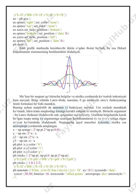 es2’:[2,4,5,2,4], series3’:[3,2,3,1,3]} df = pd.dataframe (data) x = np.arange (5) plt.axis ([0,5,0,7]) plt.plot (x,df) plt.legend (data, loc=2) plt.show () gistogrammalar gistogramma x o‘qi bo‘ylab joylashgan qo‘shni to‘g‘ri to‘rtburchaklardan iborat bo‘lib, ular diskret oraliqlarga bo‘lingan, ular bins deb ataladi. ularning maydoni ma’lum interval chastotasiga proporsional bo‘ladi. bunday vizualizatsiya usuli ko‘pincha statistikada taqsimotni ko‘rsatish uchun ishlatiladi. gistogrammani tasvirlash uchun pyplotda hist () funksiyasi mavjud. shuningdek, u grafiklarni yaratish uchun mas’ul bo‘lgan boshqa funksiyalarda topilmaydigan xususiyatlarga ega. hist () nafaqat gistogrammani chizadi, balki gistogrammani hisoblash natijasini ifodalovchi qiymatlar kortejini ham qaytaradi. hist () funksiyasi gistogrammani hisoblashni amalga oshirishi mumkin, bu ularni ajratish kerak bo‘lgan qiymatlar to‘plami va intervallar sonini ta’minlash uchun yetarli. nihoyat, hist () intervalni to‘plamga ajratish va har birining chastotasini hisoblash uchun javobgardir. bu amal natijasi nafaqat grafik shaklda chiqariladi, balki kortej ko‘rinishida ham qaytariladi. operatsiyani tushunish uchun amaliy misoldan foydalangan ma’qul. random.randint () yordamida 0 dan 100 gacha bo‘lgan 100 …