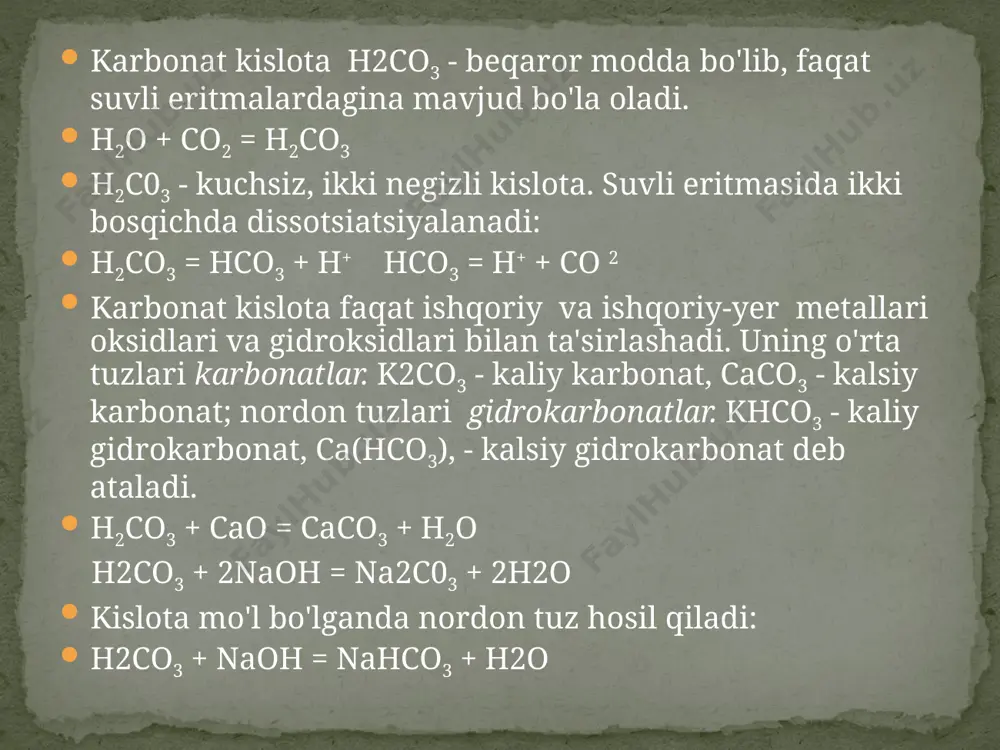 qilishda ishlatiladi. sintetik usulda kalsiy xlorid va sodani oʻzaro taʼsir ettirish yo’li bilan olingan kalsiy karbonat qogʻoz va rezina ishlab chiqarishda toʻldiruvchi sifatida shuningdek, tish poroshogi va kosmetik preparatlar tayyorlashda qoʻllaniladi. ohaktosh co2 va suv ta’sirida eruvchan tuz ca(hco3)2 ga aylanadi. ammoniy karbonat tuzlari ammoniy karbonat tuzlari (akt) - asosi ammoniy karbonat (nh4)2co3 va ammoniy bikarbonat nh4hco3 dan iborat bo’lgan ammoniy karbonatning turli aralashmasidir. ammoniy karbonat tuzlari yengil, kimyo sanoati va sanoatning boshqa tarmoqlarida qo’llashga mo’ljallangan. qo’llanilishiga qarab, ammoniy karbonat tuzlari ikki markada ishlab chiqariladi: "a"- organik sintez va kimyoviy reaktivlar ishlab chiqarish uchun; "b"- xromli terilarning flotasiya, bo’yash, neytrallash jarayonlari va boshqalar uchun. xavfsizlik talablari: ammoniy karbonat inson organizmiga ta'sir qilish darajasi bo’yicha xavflilikning 4-sinfiga kiradi. u havoda turg’un emas, ammiak va karbonat angidridni ajratib parchalanadi, uning zaharliligi va yong’inga xavfliligi parchalanish natijasidagi mahsulotlar bilan belgilanadi. boshqa moddalar mavjudligida atrof-muhit va oqova suvlarda zaharli birikmalarni hosil qilmaydi. yong’in yuzaga …