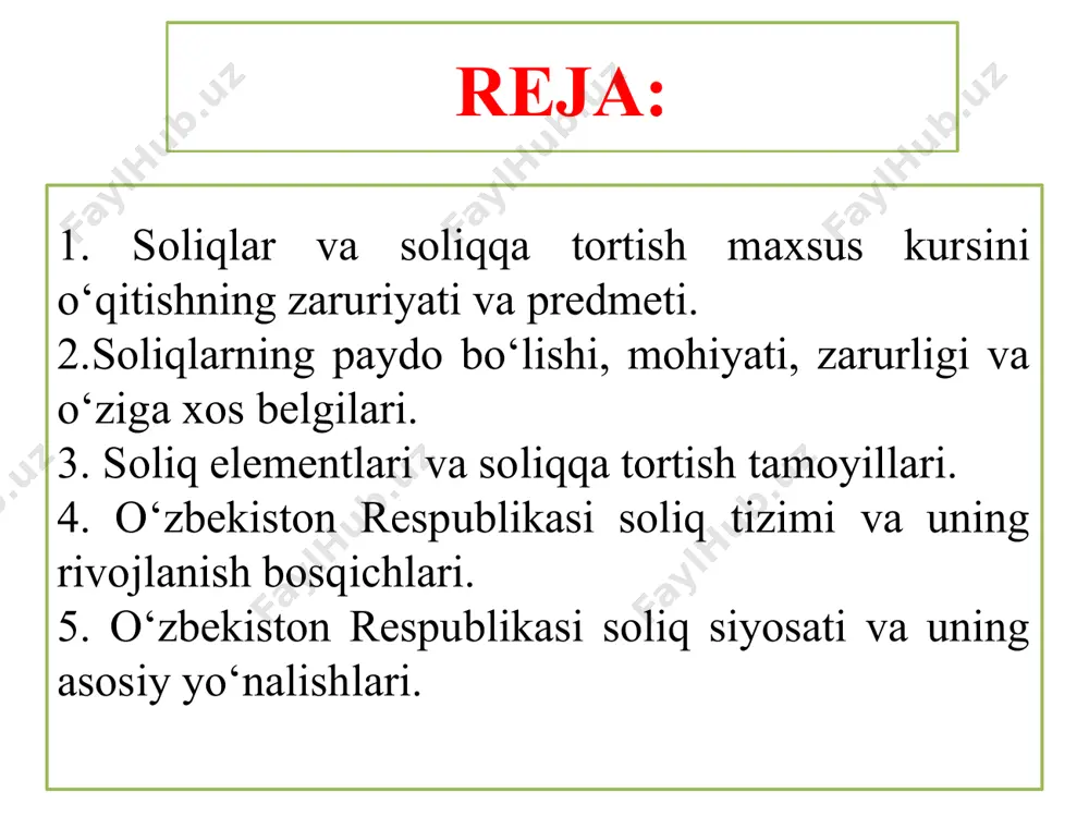 ni hosil qilish va soliq to‘lovchilardan undiriladigan soliq hamda majburiy to‘lovlarning huquqiy asoslarini, soliq majburiyati, soliq nazorati, soliqqa oid huquqbuzarliklar va ularga nisbatan qo‘llaniladigan jazo choralari bo‘yicha bilimlarni shakllantirishdan iboratdir. maxsus kurs oldiga qo‘yilgan asosiy vazifalar soliqlarning mohiyatini, ularning zarurligini, soliq elementlari va funksiyalarini, soliq siyosatini, soliqqa tortish va to‘lash tartiblarini, xorijiy mamalakatlar soliq tizimlarini, soliq tizimining nazariy jihatlarini o‘rgatish va amaliy ko‘nikmalarini shakllantirshdan iboratdir. 2. soliqlarning paydo bo‘lishi, mohiyati, zarurligi va o‘ziga xos belgilari soliqlarning paydo bo‘lishi va rivojlanishiga bevosita davlatchilik munosabatlarning paydo bo‘lishi va rivojlanishi bog‘liq bo‘lib, uning sababi sifatida shuni qayd etish lozimki, davlatning mavjud bo‘lishi, davlat xarajatlarini moliyalashtirish zaruratini namoyon etadi. ma’lumki, davlatchilik munosabatlarining ilk ko‘rinishlaridan tortib hozirga qadar ham davlat xarakatlarini moliyalashtirishning soliqlardan boshqa samarali mexanizmi mavjud emas. miloddan oldingi birinchi ming yillikning boshlaridayoq markaziy osiyo hududlarida ko‘chmanchilik sharoitida, o‘zlari uchun qulay joy izlab yurgan ko‘plab urug‘ va qabilalar, yer maydonlari, suv, o‘tloqlarni egallash maqsadida …