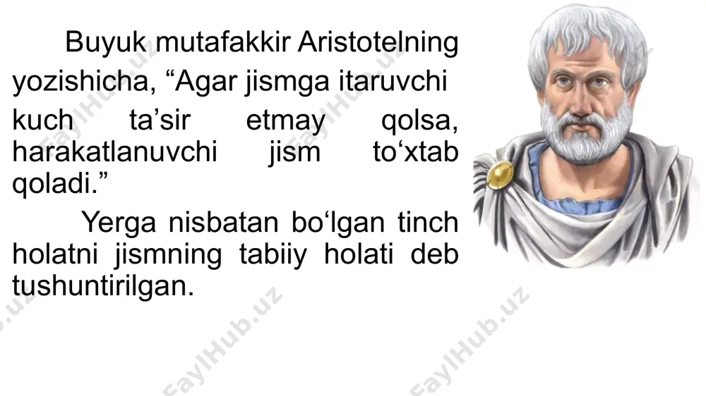ni vujudga keltiradi. ular son qiymati jihatidan bir-biriga teng bo‘lib, bir to‘g‘ri chiziq bo‘ylab qarama-qarshi yo‘nalgan: 1 - masala vodorod to‘ldirilgan havo shari arqonga bog‘lab qo‘yilgan. agar shar tinch holatda bo‘lsa, qanday jismlarning ta‘siri o‘zaro muvozanatlashadi? (shamolni hisobga olmang) yuqoriga yo‘nalgan kuchlar: havodagi arximed kuchi. pastga yo‘nalgan kuchlar: og‘irlik kuchi, ipning taranglik kuchi, havoning qarshilik kuchi. javob: arximed kuchini og‘irlik kuchi, ipning taranglik kuchi va havoning qarshilik kuchi muvozanatlaydi. 2 - masala 2 – mashq 4 - masala o‘zgarmas kuch ta’sirida harakat boshlagan jism birinchi sekundda 0,5 m yo‘l bosdi. agar jismning massasi 25 kg bo‘lsa, ta’sir etuvchi kuch nimaga teng? berilgan: formula: dan dan topish kerak: yechish: javob: 3 - masala massasi 4 t bo‘lgan yuk ortilmagan ( bo‘sh ) yuk avtomobili 0,3 m/ tezlanish bilan harakatlana boshladi. agar avtomobil o‘sha tortishish kuchida joyidan 0,2 m/ tezlanish bilan qo‘zg‘alsa, avtomobilga ortilgan yukning massasi qancha? berilgan: formulasi: topish kerak: yechish: …