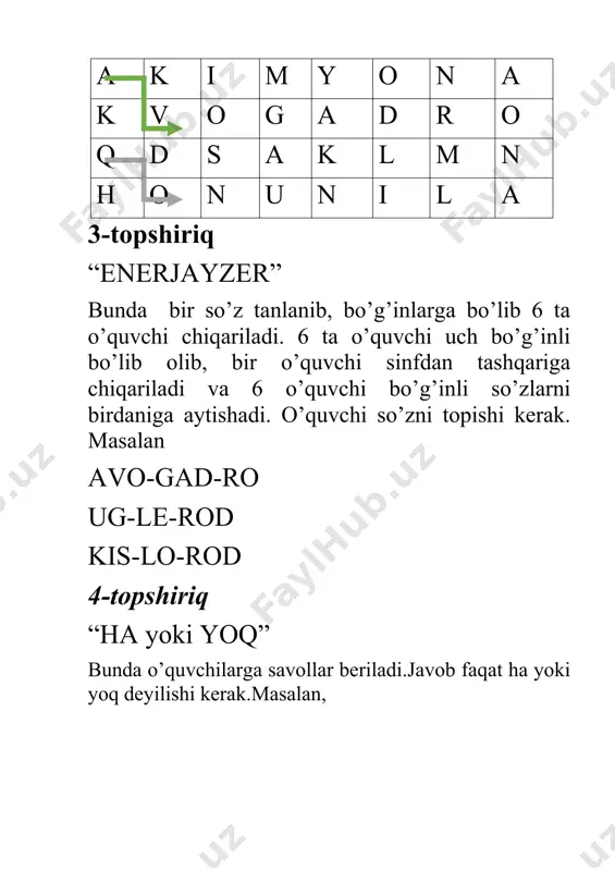 ima? 5.modda nima? 6. modda miqdori nima? 10- topshiriq. “men kimman” ta’riflar keltiriladi,shundan foydalanib nima haqida gap ketayotgani topiladi. ? ? 6,02-1023 moddaning mol o‘lchovidagi miqdori h2,o2,n2,cl2 modda miqdorining o‘lchami 18,44,32,40 moddaning nisbiy molekular massasi 11-topshiriq “baliq skeleti” mavzuga doir baliq skeletini to'ldiring. 12-topshiriq “ta’rif yozish” ( avogadro doimiysi ) ( mol ) ( moddaning nisbiy molekular massasi ) 13-topshiriq 13-topshiriq “mini test” 1. moddaning nisbiy molekular massasi toping? a. modda molekulasi massasi ning uglerod-12 atomi massasining 1/12 qismiga nisbatan necha marta kattaligini ko‘rsatuvchi qiymatdir. b. moddaning mol o‘lchovidagi miqdori. c. modda miqdorining o‘lchami. 2.mol ? a. modda molekulasi massasi ning uglerod-12 atomi massasining 1/12 qismiga nisbatan necha marta kattaligini ko‘rsatuvchi qiymatdir. b. moddaning mol o‘lchovidagi miqdori. c. modda miqdorining o‘lchami. 14-topshiriq har qadamda element o’yini.bunda bir element nomi ikki marta takrorlanmasligi kerak.masalan, kislorod,vodorod,azot,magniy……. 15-topshiriq formula tuzish kartochkalarda elementlar chalkashtirib beriladi, o’quvchilar ularni taxlab formula tuzishlari kerak bo’ladi. h so4 …