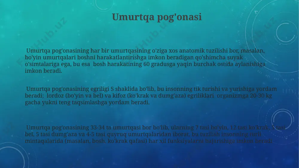 a imkon beradi. qo'l suyagining uzunligi va tuzilishi genetik jihatdan belgilanadi, ammo jismoniy mashqlar va jarohatlar tufayli individual farqlar mavjud bo'lib, masalan, professional sportchilarning qo'l suyagi tuzilishi boshqacha bo'lishi mumkin. oyoq tizimi oyoq sistemasidagi mushaklar, masalan, gastroknemius mushagi, 30% gacha tananing umumiy mushak massasini tashkil qiladi va 20-30 sm uzunlikdagi tendonlar orqali tovon suyaklariga birikadi. oyoq sistemasining 26 ta suyaklari, shu jumladan, 14 ta falangalar, 7 ta tirsak suyaklari va 5 ta panja suyaklari, insonning harakatlanishida muhim rol o'ynaydi, ayniqsa, tog'li hududlarda yurishda. oyoqning uzun suyaklari (masalan, son suyagi) qonning hosil bo'lishida muhim ahamiyatga ega bo'lib, suyak iligi 20% gacha qon hujayralarini hosil qiladi. bu jarayon asosan qizil suyak iligi tomonidan amalga oshiriladi. umurtqa pog'onasi va qovurg'a qafasining o'zaro ta'siri umurtqa pog'onasining kifoz va lordoz egriliklari, masalan, torakal kifoz, qovurg'a qafasining shaklini va hajmini aniqlab, nafas olish mexanizmini optimallashtiradi va 3-5 litr havo sig'imini ta'minlaydi. qovurg'alar, 7 ta to'g'ri, 3 …