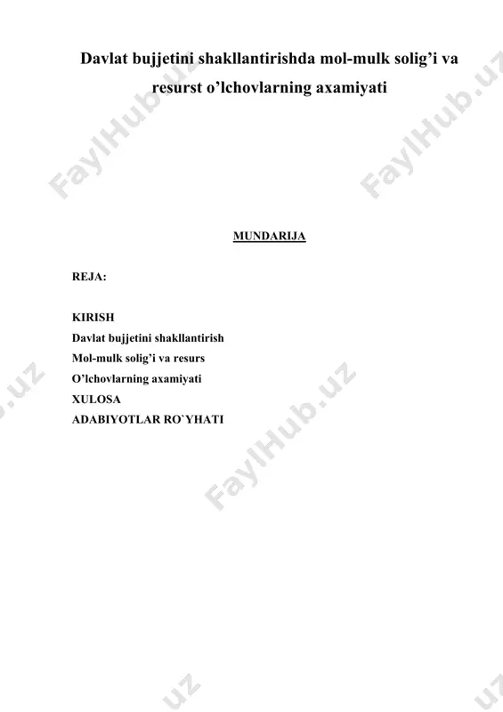 ladi: · 1. davlat budjetining daromadlari. · 2. davlat budjetining harajatlari. · daromadlar – bu davlatning sub’ekti sifatida faoliyat ko‘rsatishi uchun moliyaviy baza hisoblanadi. budjet daromadi birinchidan, ijtimoiy ishlab chiqarish qatnashchilari tomonidan jami ijtimoiy mahsulotni qiymatini taqsimlash natijasida shakllangan bo‘lsa, ikkinchidan, davlat ixtiyorida vujudga kelgan qiymatni maqsadli fondlar hududlararo va tarmoqlararo fondlarni tashkil etish uchun qayta taqsimlash xususiyatga egadir. davlat budjeti har yili ishlab chiqiladi va tasdiqlanadi. o‘zbekiston respublikasi davlat budjeti, uning daromad va xarajatlari boshqa iqtisodiy kategoriyalar: soliq, narx, kredit, foyda, tannarx, qiymat va hakazolar bilan birgalikda turli munosabatlarga kirishar ekan, ular ustidan moliyaviy nazoratni amalga oshiradi. davlat budjeti daromadlarini shakllantirishning · davlat budjeti daromadlarini shakllantirishning shartli ravishda quyidagicha guruhlash mumkin: 1. soliqlar va soliqlarga tenglashtiriluvchi majburiy to‘lovlar; 2. davlat mulkini xususiylashtirishdan keladigan daromadlar; 3. davlat zayomlari; 4. qog‘oz pullar emissiyasi va boshqalar. · davlat daromadlari tizimida markaziy moliyaviy manba bo‘lib soliqlar hisoblanadi. soliqlar soliq qonunchiligi vositasida joriy etiladi. …