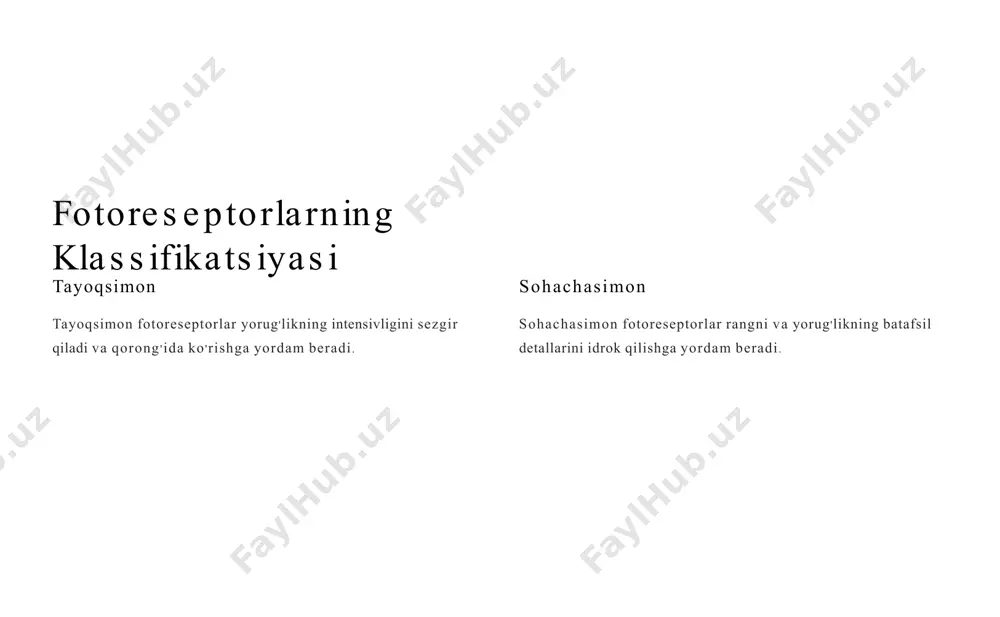 di. fotoreseptorlarning sitoplazmatik qismlari 1 sitoplazma hujayra organoidlarini va boshqa moddalarni o'z ichiga oladi. 2 mikrofilamentlar hujayra skeletini hosil qiladi va harakatlanishga yordam beradi. 3 mikrotubulalar hujayra ichida transportni amalga oshiradi. fotoreseptorlarning pigmentlari 1 rodopsin tayoqsimon fotoreseptorlarda uchraydi. 3 yodopsin sohachasimon fotoreseptorlarda uchraydi. fotoreseptorlarning funktsiyalari 1 yorug'likni qabul qilish fotoreseptorlar yorug'likni qabul qiladi va uni elektr impulslariga aylantiradi. 2 signalni uzatish signal nerv hujayralariga uzatiladi. 3 ko'rishni ta'minlash elektr signallari miyyaga uzatilib, ko'rishni ta'minlaydi. e’tiboringiz uchun raxmat image2.jpeg image3.png image4.png image5.jpeg image6.jpeg image7.jpeg image8.jpeg image1.jpeg image9.jpeg