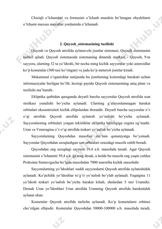 at tes​kari harakatdir. kometalarni harakati esa turlicha bo’lib, ko’p hollarda ularning orbitasi birga yaqin ekssentrisitetli cho’zilgan ellips shaklidadir. ba’zida sayyoradan chekinishi natijasida kometa giperbola (e>1) bilan harakat qiladi, ba’zida o’sha chekintiruvchi ta’sir kometani ellips bo’yicha harakat qilishga majbur qiladi. 3. paralaktik ellips kuzatuvchi yer bilan birgalikda quyosh atrofida aylangani uchun yerdan eng yaqin yulduzga o’tkazilgan yunalishni yo’nalishi o’zgaradi va bu yulduz osmonda bir yilda ellips chizadi. ana shu ellipsga paralaktik ellips deyiladi. paralaktik ellips yulduz ekliptikaga qancha yaqin bo’lsa shuncha qisilgan bo’ladi va yulduz yerdan uzoqda bo’lsa ellipsning o’lchami shuncha kichik bo’ladi. ekliptika qutbida joylashgan yulduzning ellipsi kichkina aylana bo’ladi. ekliptikada joylashgan yulduzning ellipsi esa ekliptika aylanasining yoyiga aylanadi. paralaktik ellipslarning katta yarim o’qlari yulduzlarning, yillik paralaksiga teng bo’ladi. shunday qilib yulduzlar yillik paralaksini mavjudligi yerning quyosh atrofida aylanishining isbotidir. yerning quyosh atrofida aylanishining yana bir isboti yulduz​larning yillik abberasion siljishining mavjudligidir. abberasiya deb kuzatuvchi yer bilan birgalikda harakat qilayotganligi …