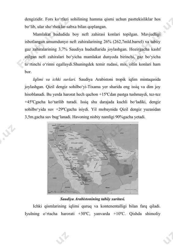 oe, bargsiz butalar efedralar, saksovullar o‘sadi. asir tog‘i o‘simlik dunyosiga birmuncha boy.tog‘larning g‘arbiy yonbag‘rida balzam va ajdaho daraxtlari zich o‘sadi. akatsiya va bodom daraxtlari uchraydi. mamlakat hayvonot dunyosi turli-tuman.yovvoyilardan-bo‘ri, chiya​bo‘ri, finik tulkisi, cho‘llarda qum kiyiklari, tog‘larda nubiya tog‘ echkilari uchraydi. mamlakatda kemiruvchilar ko‘p. sudraluvchilardan mayday udavlar, ef, agama va kaltakesaklar bor. qushlar dunyosi turli-tuman – burgut, kalxat, lochin va bq. qizil dengiz va fors ko‘rfazi suvlari baliqlarga boy, 2000dan ortiq karallar bor. tarixi. hozirgi saudiya arabistoni hududiga arab chorvador qabalalari m.a.ix asrdan boshlab o‘rnashganlar. arabiston yarimorolining shimoliy qismini egallagan qabilalar yahudiy, bobil va fors madaniyati ta’sirida bo‘l​gan bir paytda arabistonning janubidagi qabilalar o‘zlarining alohida madaniyatini yaratdilar. 570-yili makkada payg‘ambar deb e’lon qilingan va barcha arab qabalalarini yangi, musulmon davlati madinaga birlashtirgan muhammad dunyoga keldi. muhammad payg‘ambarning izdoshlari bo‘lgan xalifalar vii asrda islom dinini yaqin sharqqa va misrga tarqatdilar. viii asrda esa yangi din osiyoning kattagina qismi va shimoliy afrikaga tarqaldi. …