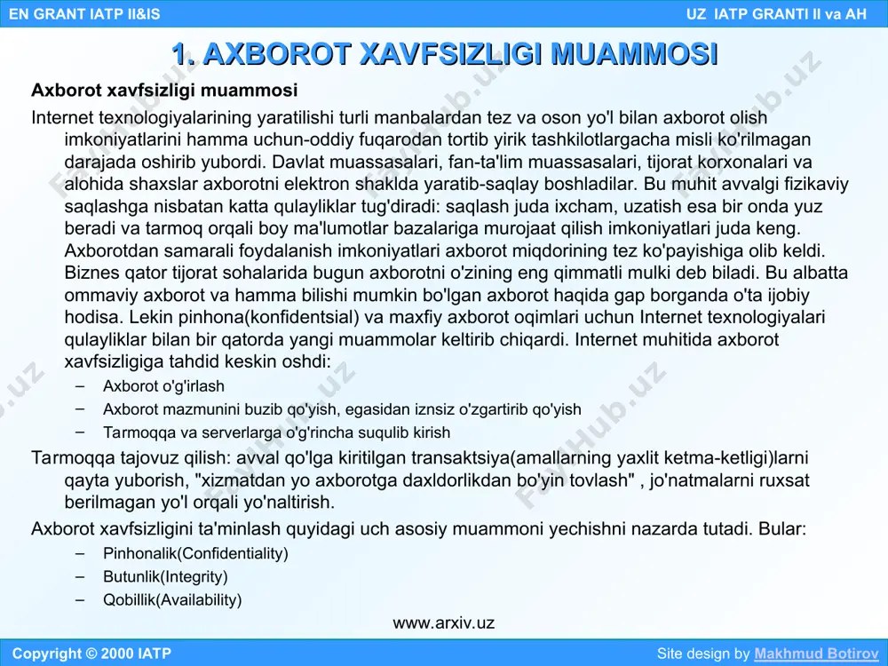 hidamsizligini aniqlash maqsadida tarmoq haqiqatda axborot yig'uvchi dasturlar vositasida. dasturlarning tajovuzga bo'sh joylarini topish: internetdagi kompyuterlarning katta guruhlari orasidan tajovuzga bardoshsizlarini izlab qarab chiquvchi dasturlar vositasida. parol ochish: parollar fayllaridan oson topiladigan parollarni izlovchi dasturlar vositasida. tarmoq tahlilchilari (snifferlar): tarmoq trafikini tinglovchi dasturlar vositasida. ularda foydalanuvchilarning nomlarini, parollarini, kredit kartalari nomerlarini trafikdan avtomatik tarzda ajratib olish imkoniyati mavjud. copyright © 2000 iatp site design by makhmud botirov en grant iatp ii&is uz iatp granti ii va ah 2. fakt va raqamlar. www.arxiv.uz www.arxiv.uz * eng ko'p yuz beradigan tajovuzlar quyidagi statistikaga ega: 1998 yili nist tomonidan o'tkazilgan 237 kompyuter tajovuzining tahlili internetda e'lon qilingan: 29 % tajovuzlar windows muhitida yuz bergan. saboq: faqat unixgina xatarli emas ekan. 20% tajovuzlarda tajovuz qilganlar olisdan turib tarmoq elementlari(marshrutlovchilar, kommutatorlar, xostlar, printerlari brandmauer) gacha yetib borganlar. saboq: xostlarga olisdan turib bildirmay kirish bot-bot yuz beradi. 5% tajovuzlar marshrutlovchilarga va brandmauerlarga qarshi muvaffaqiyatli bo'lgan. saboq: …