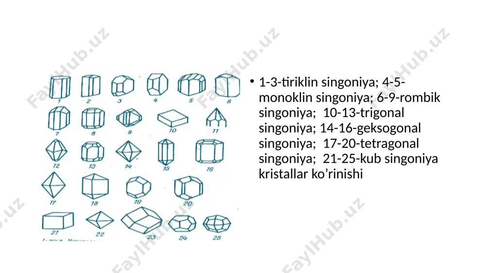 sinish yuzalari - kristall dokalarining xakikiy yoki bo’lishi mo’mkin bo’lgan yonlariga paralel tekisliklari bo’yicha ajralishi yoki sinishi natijasida xosil bo’lgan tekis yuzalarga ulanish tekisligi deyiladi. bu xususiyat minerallarning ichki tuzilishiga bog’liq bo’lib tashki tuzilishiga bog’liq emas. ulanish tekisligi bo’yicha minerallarni quyidagi 5 ta shakllarga bulish mumkin: a) o’ta mukammal (slyuda va xloridlar), b) mukammal (kal’tsid, glenid, tosh tuzi) v) o’rtacha (dala shpati, magniy kaltsiy slikat) g) nomukammal (apatit, kassidrit, oltingugurt), d) o’ta mukammal bo’lmagan (karund, oltin, platina) minerallar ximik tarkibi va fizik xususiyatlariga qarab quyidagi guruxlarga bo’linadi: sof tug’ma elementlar sul’fidlar oksidlar va gidroksidlar. galloidli minerallar kislorodli kislotalarning tuzlari karbonatlar. sul’fatlar fosfatlar. silikatlar organik birikmalar image1.jpeg image2.jpg image3.png image4.jpg image5.jpeg image6.jpg image7.jpg image8.jpg image9.jpeg image10.jpg image11.jpg image12.png /docprops/thumbnail.jpeg
