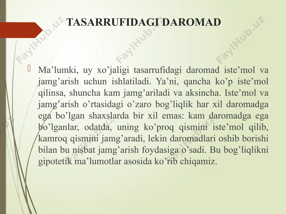 qi iqtisodiy omillar, resurs imkoniyatlari, yer, foydali qazilma boyliklari va boshqalar bilan belgilanadi; r – real foiz stavkasi; d – investitsiyalarning real foiz stavkasi dinamikasi o’zgarishga ta’sirchanligini miqdoriy belgilovchi empirik koeffitsient. investitsiya xarajatlari dinamikasiga ta’sir etuvchi boshqa omillar 1. soliqqa tortish darajasi; 2. ishlab chiqarish texnologiyalaridagi o’zgarishlar; 3. mavjud bo’lgan asosiy kapital miqdori; 4. investorlarning kutishi; 5. yalpi daromadlarning o’zgarishi. akselerator modeli i = f(y), ya’ni investitsiyalar (i) yamm (y)ning funktsiyasi ekan. akselerator modelining to’liqroq ko’rinishi quyidagicha bo’ladi: i = ireja+ γy bu yerda: ireja – rejalashtirilgan investitsiyalar; y – yaim (daromad) hajmi. akseletator modelini hisobga olib, investitsiya funktsiyasini quyidagicha yozish mumkin: i = e - dr + γy e’tiboringiz uchun rahmat image1.png oleobject1.bin image2.wmf image3.png oleobject2.bin image4.wmf oleobject3.bin image5.wmf oleobject4.bin image6.wmf oleobject5.bin image7.wmf oleobject6.bin image8.wmf yd c b d d = 100 * yd c apc = 100 * yd s aps = 100 * yd c mpc d …