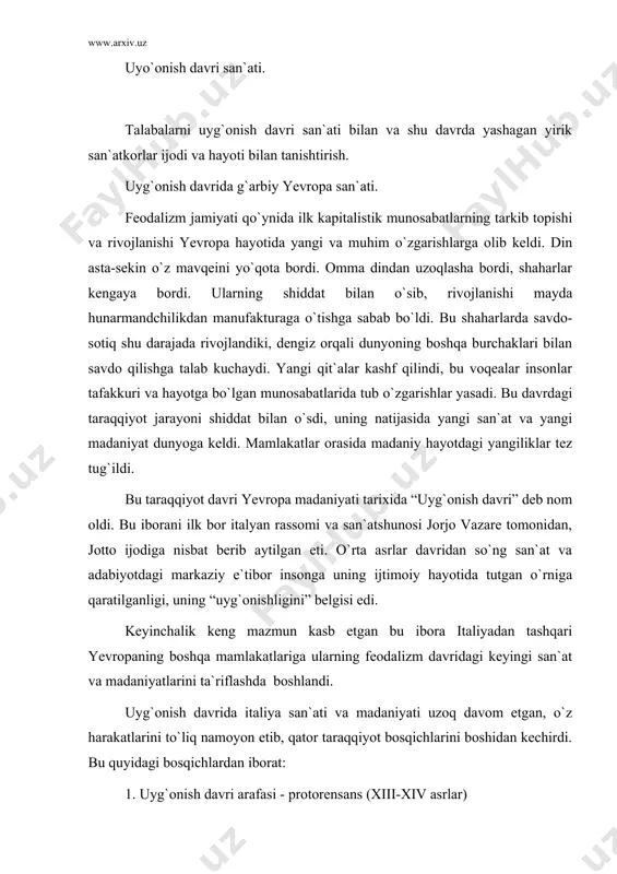 ni yo`qota bordi. omma dindan uzoqlasha bordi, shaharlar kengaya bordi. ularning shiddat bilan o`sib, rivojlanishi mayda hunarmandchilikdan manufakturaga o`tishga sabab bo`ldi. bu shaharlarda savdo-sotiq shu darajada rivojlandiki, dengiz orqali dunyoning boshqa burchaklari bilan savdo qilishga talab kuchaydi. yangi qit`alar kashf qilindi, bu voqealar insonlar tafakkuri va hayotga bo`lgan munosabatlarida tub o`zgarishlar yasadi. bu davrdagi taraqqiyot jarayoni shiddat bilan o`sdi, uning natijasida yangi san`at va yangi madaniyat dunyoga keldi. mamlakatlar orasida madaniy hayotdagi yangiliklar tez tug`ildi. bu taraqqiyot davri yevropa madaniyati tarixida “uyg`onish davri” deb nom oldi. bu iborani ilk bor italyan rassomi va san`atshunosi jorjo vazare tomonidan, jotto ijodiga nisbat berib aytilgan eti. o`rta asrlar davridan so`ng san`at va adabiyotdagi markaziy e`tibor insonga uning ijtimoiy hayotida tutgan o`rniga qaratilganligi, uning “uyg`onishligini” belgisi edi. keyinchalik keng mazmun kasb etgan bu ibora italiyadan tashqari yevropaning boshqa mamlakatlariga ularning feodalizm davridagi keyingi san`at va madaniyatlarini ta`riflashda boshlandi. uyg`onish davrida italiya san`ati va madaniyati …