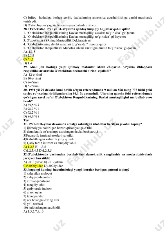 a tashkilotlaridan chiqishga, uning markaziy organlaridagi o‘z vakillarini chaqirib olishga qaror qildi. a) 1991yil 25-avgust b)1991- yil 31-avgust c)*1991- yil 28-avgust d)1991- yil 1-sentyabr 24. qaysi sessiyada “o‘zbekiston respublikasining davlat mustaqilligi to‘g‘risida”gi masala kun tartibiga qo‘yilib, qizg‘in muhokama qilindi? a. xii chaqiriq vi sesiyasida b. xi chaqiriq viii sesiyasida c. xii chaqirq xi sesiyasida d. xii chaqiriq x sesiyasida 25. davlat mustaqilligi masalasida referendum qachon o’tkazilgan? a) 1991yil 18-noyabr b)1991- yil 29-dekabr c)1991- yil 31-avgust d)1991- yil 1-sentyabr 26. i.karimov farmoni farmoni bilan 1991 yil 25-avgustda qaysi tashkilotlar o’zbekiston tasarrufiga olindi? a) tashqi ishlar vazirligi b) davlat xavfsizlik qo’mitasi va ichki ishlar vazirligi c) o”zbekiston ssr prokuraturasi d) ichki ishlar vazirligi va mudofaa vazirligi 27.1991-yilning 19–21-avgustida sovet ittifoqida davlat to‘ntarishi sodir etilib, favqulodda holat joriy etildi va hokimiyat favqulodda holat davlat komiteti (gkchp – государственный комитет по чрезвычайному положению) qo‘liga o‘tdi. ularning maqsadlari nima edi? a) ittifoq hududida yashovchi barcha …