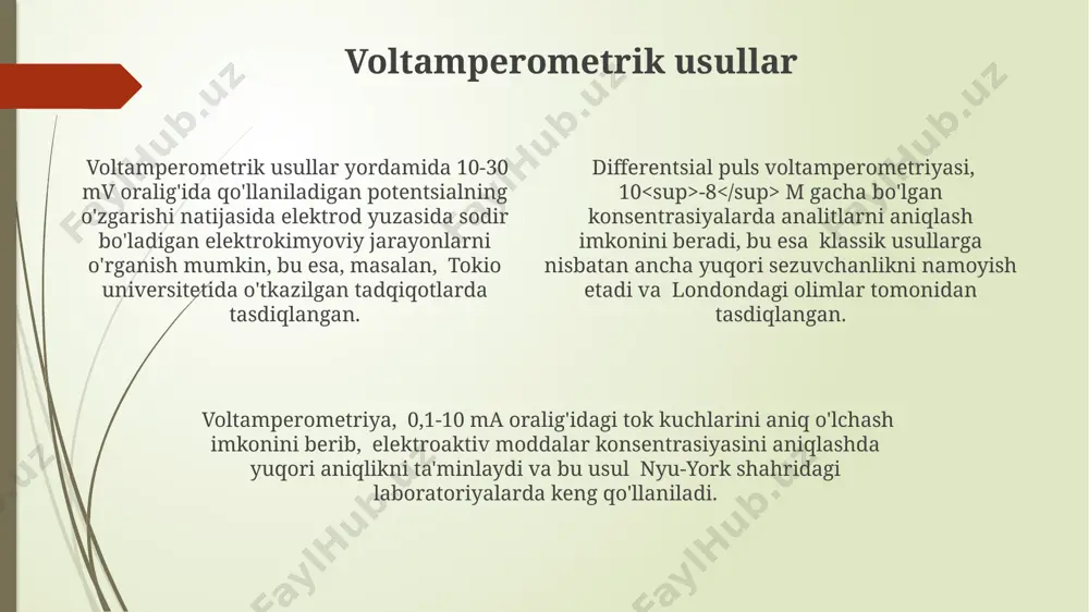 o'zbekistonda, suvni elektroliz qilish usuli bilan vodorod ishlab chiqarishda qo'llaniladi kulonometriya электрогравиметрик кулонометрияда электролиз маҳсулотининг массасини аниқлаш орқали, масалан, 99,99% нинг даражасидаги тозаликдаги мис миқдорини аниқлаш мумкин бўлиб, бундай ёндашув 21-асрнинг бошида германияда ривожлантирилган. кулонометрияда потенциостатика усули 10-30 ма ток кучи билан 100-1000 с давомида электролиз олиб борилади, бунда потенциалнинг ўзгаришини назорат қилиш имконини беради ва бу россия ва европа давлатларида кенг қўлланилади. кулонометрия ёрдамида 10⁻⁶ – 10⁻³ моль миқдордаги моддаларни аниқлаш мумкин бўлиб, бу усул юқори сезувчанлик ва аниқлик билан ажралиб туради ва бу aqsh ва япониядаги тадқиқотларда исботланган. faradayning birinchi qonuni faradeyning birinchi qonuni, 1832-yilda buyuk britaniyada kashf etilgan bo'lib, elektroliz jarayonida ajralib chiqadigan modda miqdori o'tkazilgan elektr zaryadiga to'g'ri proporsional ekanligini ko'rsatadi. faradey qonunining amaliy qo'llanilishi galvanik qoplamalarda, elektrokimyoviy analizlarda va metallurgiyada 19-asr oxiridan boshlab keng tarqalgan. 96485 kulon (faraday doimiysi) zaryad 1 mol elektronni tashishga teng va bu miqdor elektrolizda 1 ekvivalent moddaning ajralib chiqishiga olib …