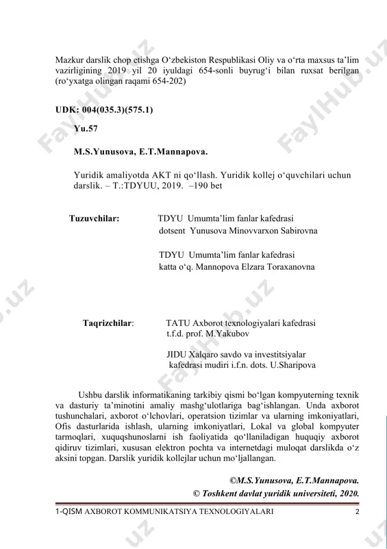 tish markazini tashkil etish to‘g‘risida”gi qarorlari mamlakatimizda o‘quv jarayonida elektron ta’limni rivojlanishida muhim omil bo‘lmoqda. “huquqiy axborotni tarqatish va undan foydalanishni ta’minlash to‘g‘risida” gi 2017-yil 7-sentabrda qabul qilingan qonunida huquqiy axborotlardan to‘g‘ri va tez foydalana olishni tartibga solish keltirilgan. hozirgi vaqtda huquqiy sohani ochiq huquqiy- axborot resurslaridan erkin foydalanish asosida axborotlashtirish davlat siyosati darajasiga ko‘tarilgan. ta’lim jarayonida axborotlardan to‘g‘ri foydalana olish imkoniyatlarini yaratish uchun axborot texnologiyalarini tatbiq qilishni to‘g‘ri yo‘lga qo‘yish masalasi katta rol o‘ynaydi. ta’lim sohasini rivojlantirish borasida amalga oshirilgan keng qamrovli islohotlar natijasida, bo‘lajak huquqshunoslarni tayyorlashning ilg‘or xorijiy tajribalarga asoslangan milliy modul tizimi yaratildi. ushbu modul tizimining elementi “yuridik amaliyotda aktni qo‘llash” modulini o‘qitishda huquqiy- axborot tizimlarini tatbiq qilish, modulning imkoniyatlarini yanada oshirdi. 2017-2021-yillarda o‘zbekiston respublikasini yanada rivojlantirish bo‘yicha harakatlar strategiyasida “yuksak bilimli va intellektual rivojlangan avlodni tarbiyalash, oliy ta’lim muassasalarida axborot texnologiyalarini ta’lim jarayonida qo‘llashni yangi usul va vositalar yordamida tashkil etish” vazifalari belgilangan bo‘lib, bu huquqshunoslarni …