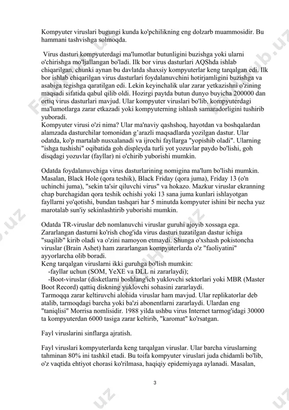 ng birinchi vakili 1987 yilning oxirida quddus universitetida topildi; - tr viruslar guruhi - mazkur viruslar, taxminlarga ko'ra, bolgariyada ishlab chiqilgan. o'z navbatida bu guruh uch kichik guruhga bo'linadi. vacsine, "musiqali qayta yuklash" va "o'z-o'zini yeb qo'yuvchilar". ohirgi ikkitasini vankey doodle ham deb atashadi. - datacrime. bu guruh vakillari joriy yilning 12 oktyabrida faollashadi va a, v, c, d disklarda 8 sektorni ishdan chiqaradilar. - avenger guruhi. rce-1800, rce-1000 deb nomlanuvchi mazkur guruh katta zararlash imkoniyatiga ega. u nafaqat fayllarni bajarish chog'ida, balki uni o'qish va ochish vaqtida ham zararlaydi. bundan tashqari, bu toifadagi viruslar davriy ravishda sektorlardagi fayl va katologlarni yo'qotadi. vinchesterga matn xabarlarini yozadi. - island guruhi (icelandic). shu yerda ta'kidlash kerakki, datacrime va island guruhiga mansub viruslar hozircha bizning mamlakatimizda yo'q. boot viruslari fayl viruslaridan tubdan farq qiladi. boot viruslarining soni fayl viruslariga qaraganda ancha kam va shuningdek, ular sekinroq tarqaladi. fayl viruslari kabi ko'p tarqalgan boot …