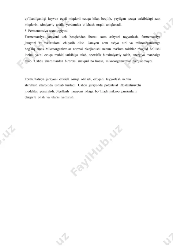 b. ushbu sharoitlardan birortasi mavjud bo`lmasa, mikroorganizmlar rivojlanmaydi. fermentatsiya jarayoni oxirida ozuqa olinadi, ozuqani tayyorlash uchun sterillash sharoitida ushlab turiladi. ushbu jarayonda potentsial ifloslantiruvchi moddalar yemiriladi. sterillash jarayoni ikkiga bo`linadi: mikroorganizmlarni chiqarib olish va ularni yemirish.