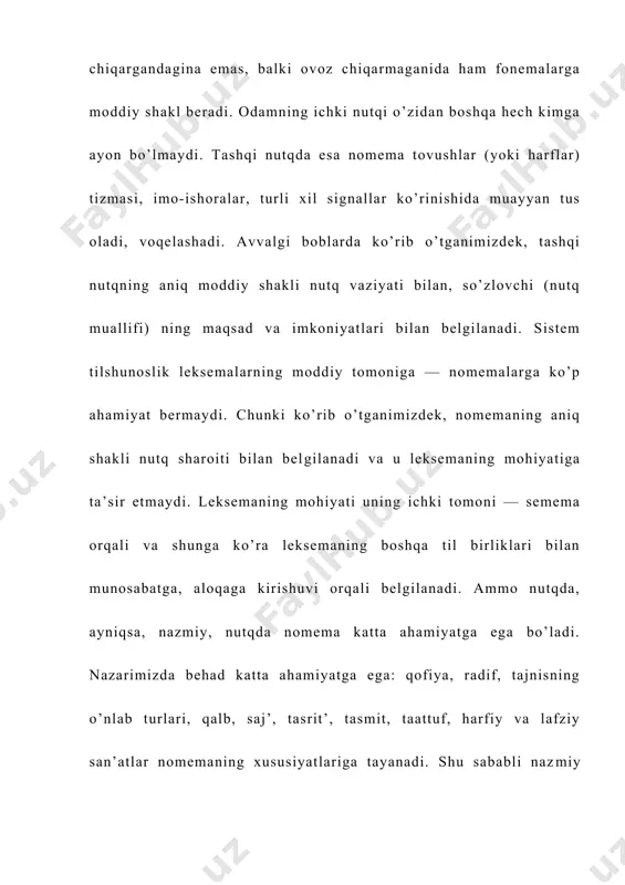 bir necha fonemaning oldinma-keyin kelishi demakdir. binobarin, har bir nomema tarkibiy qismlarga — alohida-alohida fonemalarga ajraladi. masalan, quyidagi leksemalarning nomemalarini solishtirsak, buning guvohi bo’lamiz: [ber; bir; bo’r; bur; bor; ter; ber; sher; bez; bek; bel; bet]. tilimizdagi fonemalarning tarkibiy qismlarga, muayyan farqlovchi belgilarga ajralishini ko’rib o’tgan edik. nomema va fonemalarda bo’lgani kabi sememada ham tarkibiy qismlar, sememani tashkil etuvchi mantiqiy bo’laklar mavjud va ular ham ajratiladi. tilshunoslikda sememani hosil qiluvchi ma’no bo’laklari (sememaning tarkibiy qismlari) sema deb aytiladi. masalan, [daraxt] leksemasining sememasini olsak, bu semema taxminan quyidagi ma’no bo’laklaridan, tarkibiy qismlardan — sememalardan iboratdir: 1) «predmet», 2) «o’simlik», 3) «yerda o’suvchi», 4) «tanali», 5) «ildizli», 6) «shoxli», 7) «bargli». binobarin, bu o’rinda [daraxt] lek​sema sememasining yettita ma’no bo’lakchalari — semalari ma’lum bo’ldi, xolos. semalar sanog’ini yana davom ettirish mumkin. ayni vaqtda ushbu semalarning o’ziyoq [daraxt] leksemasi haqida muayyan tasavvur bera oladi. shuni ham aytish kerakki, semema tarkibidagi semalar tabiati bir …