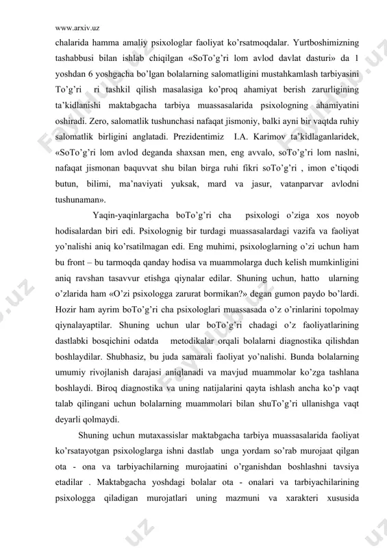 i isbotlab turibdi. ehtimol, ota - onalar sekin-sekin bola xulq - atvoridagi ko’p narsalarga o’zlari sababchi ekanliklarini tushuna boshlaganliklari, his qila boshlaganliklari tufayli ularda psixologik maslahatga bo’lgan qiziqish ortib bormoqda. balki psixologik maslahatning xalq ta’lim tizimida ommalashishi va ilmiy ommabop adabiyotlarning ko’payib borayotgani ularni o’z farzandiga boshqacharoq qarashga majbur qilayotgandir? xullas, nima bo’lganda ham psixologning yordamiga bo’lgan ongli ehtiyoj asta sekin bo’lsa ham o’sib bormoqda. maktabgacha tarbiya muassasalarining psixologlari amaliyotida asosan ota - onalarning quyidagi bir necha guruhdagi murojaati uchraydi: 1. birinchi guruh murojaatlari «muammoli murojaat» emas. ular bilish xarakteriga ega. ota - ona bolaning psixik rivojlanishini nazorat qilish kerakligini tushunib, psixologga farzandlarining psixik va aqliy rivojlanish darajasini aniqlab berish iltimosi bilan murojaat qiladilar. bunday murojaatlarning ko’payishiga shubhasiz, birinchidan, so’nggi yillarda respublikamizda maktabgacha yoshdagi bolalik muammolariga, umuman bolalarning salomatligiga alohida etibor bilan qaralayotgani: ikkinchidan, maktabgacha yoshdagi bolalikning inson shaxsi shakllanishi va aqliy rivojlanishidagi ahamiyati haqidagi ilmiy ommabop kitoblar, gazeta - …