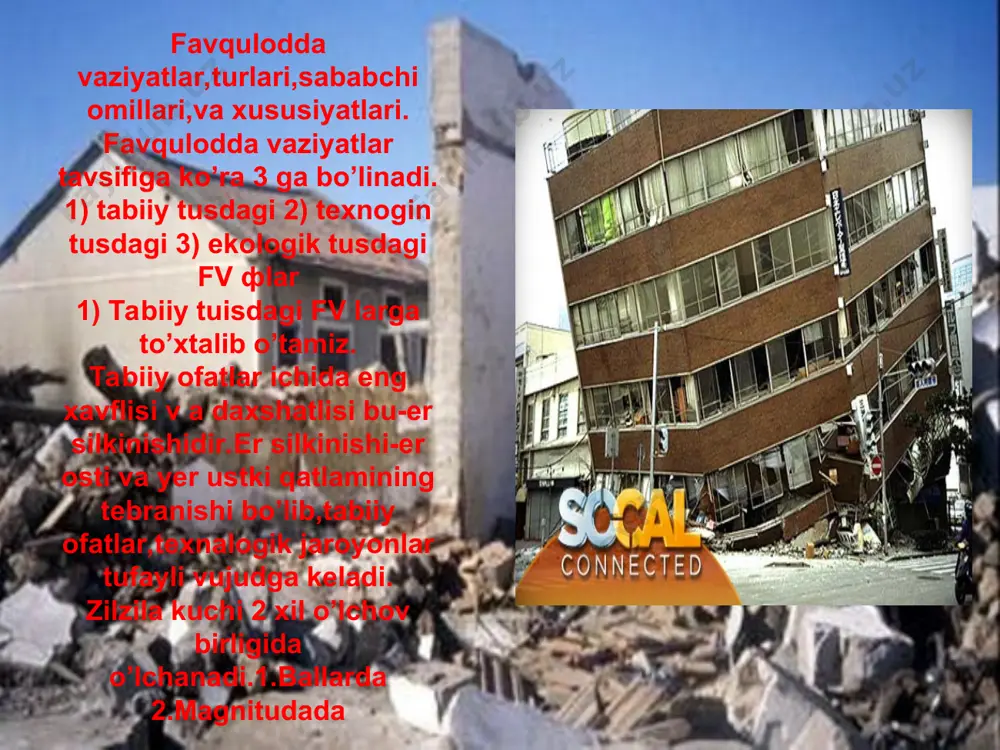 r silkinishi sodir bo’lgan taqdirda va undan keyin odamlarning yashashi uchun yengil qurilmalar qurish uchun xavfsiz joy zarur. zilzila vaqtida uyda bo’lmagan fuqoralar uyga shoshmasligi,balki o’sha joy rahbarlarining ko’rsatmalarini diqqat bilan kutib unga rioya qilgan holda harakat qilishlari kerak.