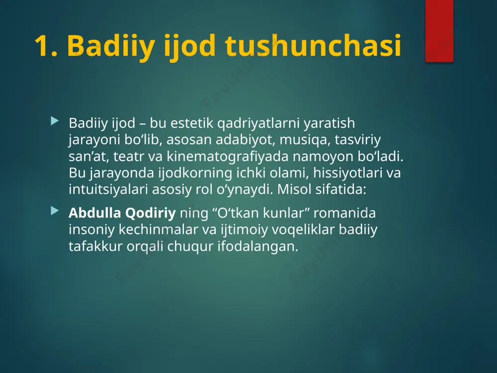 tiqiy tushuntirishdan ko‘ra, hissiyotlar va intuitiv idrok orqali o‘quvchiga yetib boradi. bu esa badiiy ijodning iratsional tafakkurga asoslangan noyob kuchini ko‘rsatadi. 4. badiiy ijodning iratsional tafakkurga ta’siri badiiy ijod iratsional tafakkur orqali quyidagi yo‘nalishlarda shakllanadi: estetik kechinmalarni uyg‘otish – ijodiy asarlar insonda estetik zavq va ichki kechinmalarni uyg‘otadi. masalan, alisher navoiy ning g‘azallarida iratsional tafakkur orqali chuqur his-tuyg‘ular ifodalanadi. ijodkorning individualligi – har bir ijodkor o‘z iratsional tafakkuriga asoslangan holda o‘ziga xos uslub va estetik qadriyatlarni yaratadi. 5. iratsional tafakkurga ijodning ta’siri iratsional tafakkur badiiy ijod jarayonida quyidagi omillar orqali rivojlanadi: yaratilish jarayonidagi erkinlik – badiiy ijod inson tafakkurini cheklovlardan ozod qilib, yangi va noodatiy fikrlarni ilgari surishga imkon beradi. ijodiy tajribalar – ijodkorlarning o‘z asarlarida o‘z tajribalarini aks ettirishlari ularning iratsional tafakkurini boyitadi va kengaytiradi. xulosa badiiy ijod va iratsional tafakkur bir-birini to‘ldiruvchi ikki muhim jarayondir. badiiy ijod insonning chuqur his-tuyg‘ulari va fantaziyasini ifodalash orqali ijodkor tafakkurini boyitadi. iratsional …
