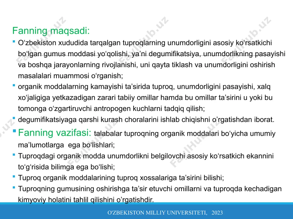 muhokama qiladi. keyin byulleten faolroq qarorlarga o'tadi. u organik moddalarni qanday ko'paytirish mumkinligini ko'rsatish uchun amaliyotlar "savatiga" qaraydi va keyinchalik qo'shiladigan er va ekinlar foydasini muhokama qiladi. kirish: o'zbekiston milliy universiteti, 2023 tuproqning organik moddalari - bu tirik organizmlar (o'simlik yoki hayvon) tomonidan dastlab hosil bo'lgan, tuproqqa qaytariladigan va parchalanish jarayonidan o'tadigan har qanday material (1-rasm). kirish: o'zbekiston milliy universiteti, 2023 tuproqning organik moddalari (tom) - tuproqning turli xil parchalanish bosqichidagi o'simlik va hayvon qoldiqlari, tuproq organizmlarining hujayra va to'qimalari, tuproq organizmlari tomonidan sintez qilingan moddalardan tashkil topgan organik moddalar tarkibiy qismidir. tirik organizmlar (ayniqsa, 2 mm dan kam) odatda tomning bir qismi hisoblanadi. kirish: o'zbekiston milliy universiteti, 2023 bu har qanday vaqtda buzilmagan asl o'simlik va hayvon to'qimalaridan tortib chirindi deb nomlanuvchi materiallarning sezilarli darajada parchalangan aralashmasigacha bo'lgan bir qator materiallardan iborat (1-rasm). tuproqdagi organik moddalarning ko'pchiligi o'simlik to'qimalaridan kelib chiqadi. o'simlik qoldiqlari 60-90% namlikni o'z ichiga oladi. quruq …