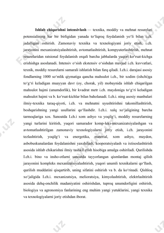 ning asosiy farqlovchi xususiyati samaradorlikni oshirishdir ishlab chiqarish omillari texnik taraqqiyotga asoslanadi. kengaytirilgan takror ishlab chiqarishning ushbu turi bilan iqtisodiy o'sishning yangi omili - barcha an'anaviy omillar samaradorligini oshirish paydo bo'ladi. natijada ishlab chiqarish funktsiyasi o'zgaradi. uning eng oddiy ifodasi: y = af (k, l, n). bu formulada a omillarning umumiy unumdorligi hisoblanadi. formuladan ko'rinib turibdiki, agar ishlab chiqarish omillari xarajatlarining qiymati o'zgarmasa va ularning umumiy unumdorligi a 1% ga oshsa, ishlab chiqarish hajmi ham 1% ga oshadi. to'g'ri, sanoat rivojlangan mamlakatlarda iqtisodiy o'sishning birinchi yoki ikkinchi turini sof shaklda topa olmaysiz: ular qandaydir nisbatda birlashtirilgan. misol uchun, qo'shma shtatlar uchun hisob-kitoblar quyidagilarni ko'rsatdi. 1950-1985 yillarda. yaim hajmining yillik o'sishi 3,2% ni tashkil etdi. shundan 1,2 foiz o‘sish (yoki 40 foiz) ishlab chiqarish omillarining umumiy samaradorligi hisobiga ta’minlanadi. intensiv kengaytirilgan ko'payish bir qator xususiyatlarga ega. bu yanada progressivdir, chunki ishlab chiqarishning moddiy sharoitlari samaradorligini oshirishda hal qiluvchi rol yangi "motor" …