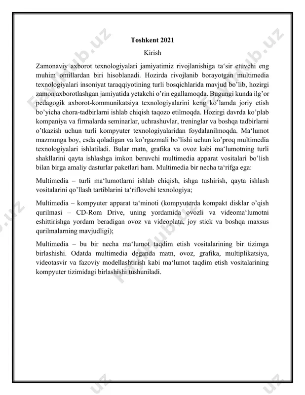 alalaridandir. multimedia tushunchasi 90-yillar boshida xayotimizga kirib keldi. uning o’zi nima degan savol tug’iladi? ko’pgina mutaxassislar bu atamani turlicha tahlil qilishmoqda. bizning fikrimizcha, multimedia - bu informatikaning dasturiy va texnikaviy vositalari asosida audio, video, matn, grafika va animatsiya (ob'yektlarining fazodagi xarakati) effektlari asosida o’quv materiallarini o’quvchilarga yetkazib berishning mujassamlangan xoldagi ko’rinishidir. rivojlangan mamlakatlarda o’qitishning bu usuli, xozirgi kunda ta'lim sohasi yo’nalishlari bo’yicha tatbiq, qilinmoqda. xatto, xar bir oila multimedia vositalarisiz xordiq, chiqarmaydigan bo’lib koldi. multimedia vositalarining 1981 yildagi yalpi oboroti 4 mlrd. aqsh dollarini tashkil qilgan bo’lsa, 1994 yili esa 16 mlrd. aqsh dollarini tashkil kildi. x,ozirgi kunda esa sotilayotgan har bir komp'yuterni multimedia vositalarisiz tasavvur qilib bo’lmaydi. kompyuterlarning 70-yillarda ta'lim soxasida keng qo’llash yo’lida urinishlar zoye ketganligi, avvalombor, ular unumdorligining nixoyatda pastligi bilan bog’liq edi. amaliyot shuni ko’rsatmoqdaki, multimedia ' vositalari asosida o’quvchilarni o’qitish ikki barobar unumlidir va vaqtdan yo’tish mumkin. multimedia vositalari asosida bilim olishda 30 % gacha …
