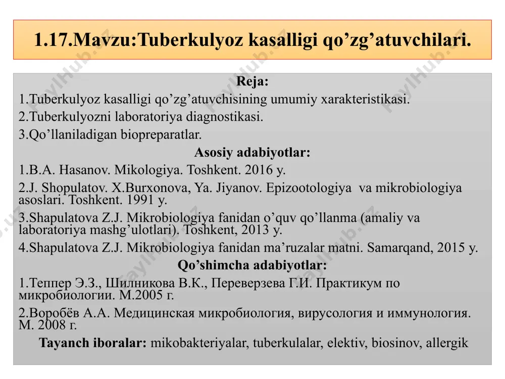 ta turga bulingan: 1.m.tuberculosis-odam tuberkulyozi qo’zg’atuvchisi. (maymun, uy hayvonlarida ham uchraydi); 2.m.bovis-qoramol tuberkulyozi qo’zg’atuvchisi (odamda ham uchraydi); 3.m.avium- parranda tuberkulyozi qo’zg’atuvchisi ( cho’chqa va qora mollarda ham uchraydi); 4.m.murium-sichqon tuberkulyozi qo’zg’atuvchisi; 5.m.poykilothermorum -sovuqqonlilar tuberkulyozi qo’zg’atuvchisi; kasallikga moil hayvonlar. kasallik qo`zg`atuvchisining mikroskopik ko`rinishi. tuberkulyoz-odamlar, sut emizuvchi hayvonlar va parrandalarning surunkali yuqumli kasalligi bo’lib, zararlangan organ va to’qimalarda o’ziga xos tugunlar (tuberkulalar) hosil bo’lishi bilan xarakterlanadi. morfologiyasi va tinktorial xususiyatlari. mikrob ko’p hollarda ingichka, to’g’ri yoki yengil egilgan shakldagi, uchlari qayrilgan, uzunligi 0,8-5,5 mkm, eni 0,2-0,6 mkm tayoqchalardir. ularning o’lchamlari doimiy emas. u bakteriya turiga, oziqa muhit, o’sish sharoitiga va h.k. larga bog’liq ravishda o’zgarib turadi. m.tuberculosis ga nisbatan m.bovis kalta va yo’g’on bo’ladi, hayvon to’qimalarida, oziqa muhitida o’sganiga nisbatan mikobakteriyalar uzunchoqroq bo’ladi. bakteriya sitoplazmasida shakli va o’lchami har xil donachalari bor. surtmalarda bittadan yoki guruh bo’lib joylashadi. mikobakteriya tayoqchalari harakatsiz, spora va kapsula hosil qilmaydi. kislota, ishqor va spirtga chidamli. grammusbat. …